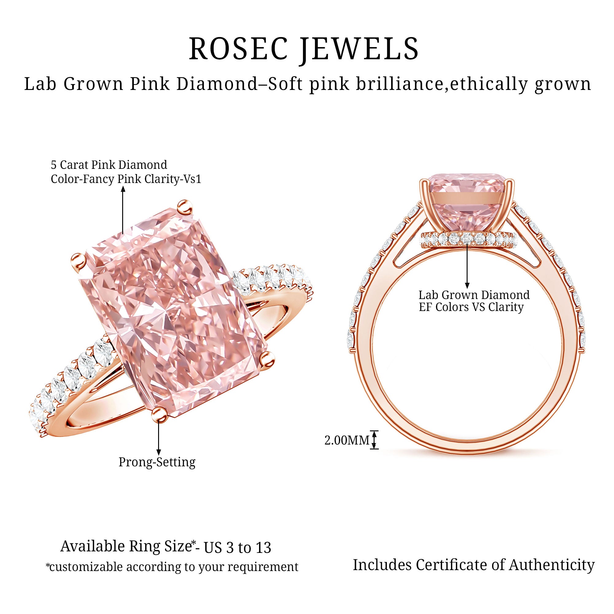 Rosec Jewels-Radiant Cut 5 Carat Lab Grown Pink Diamond Engagement Ring with IGI Certificate