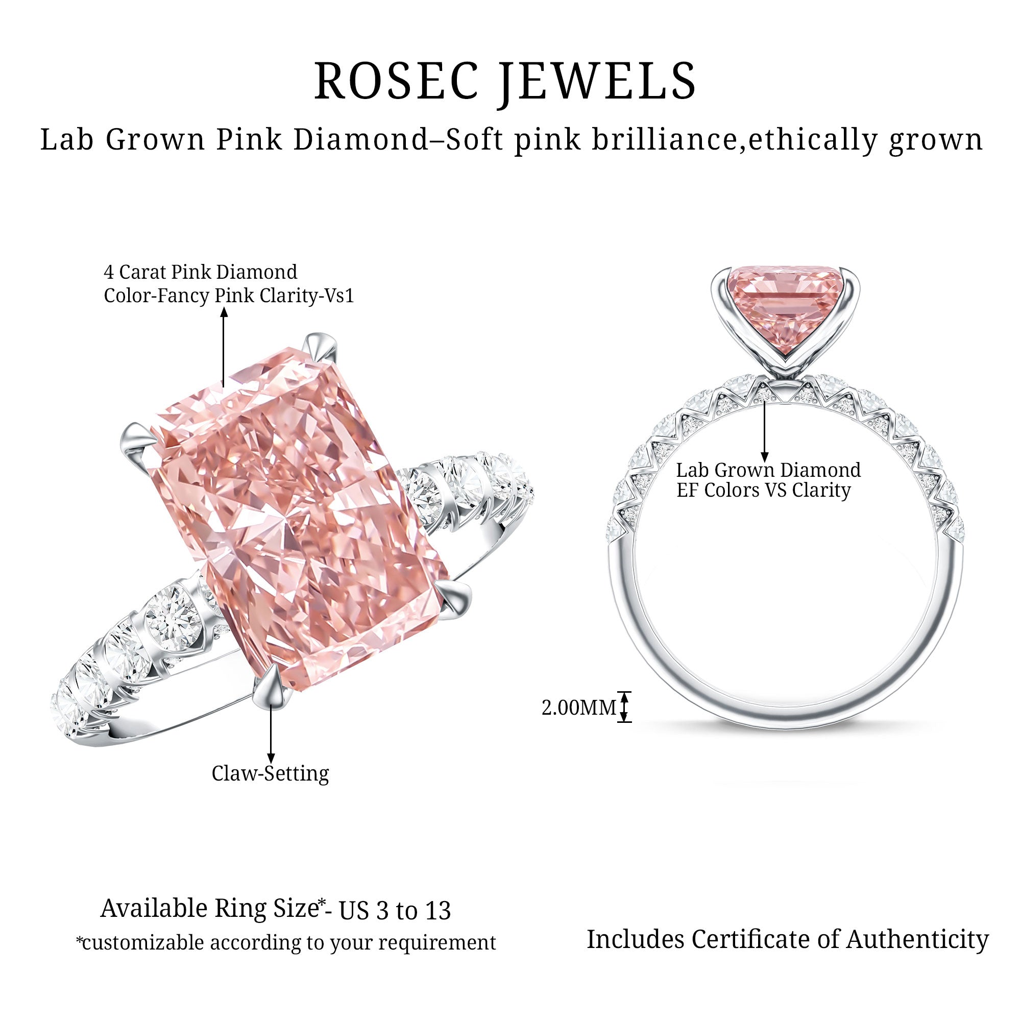 Rosec Jewels-Lab Grown 4 Carat Pink Diamond Radiant Cut Engagement Ring with IGI Certificate
