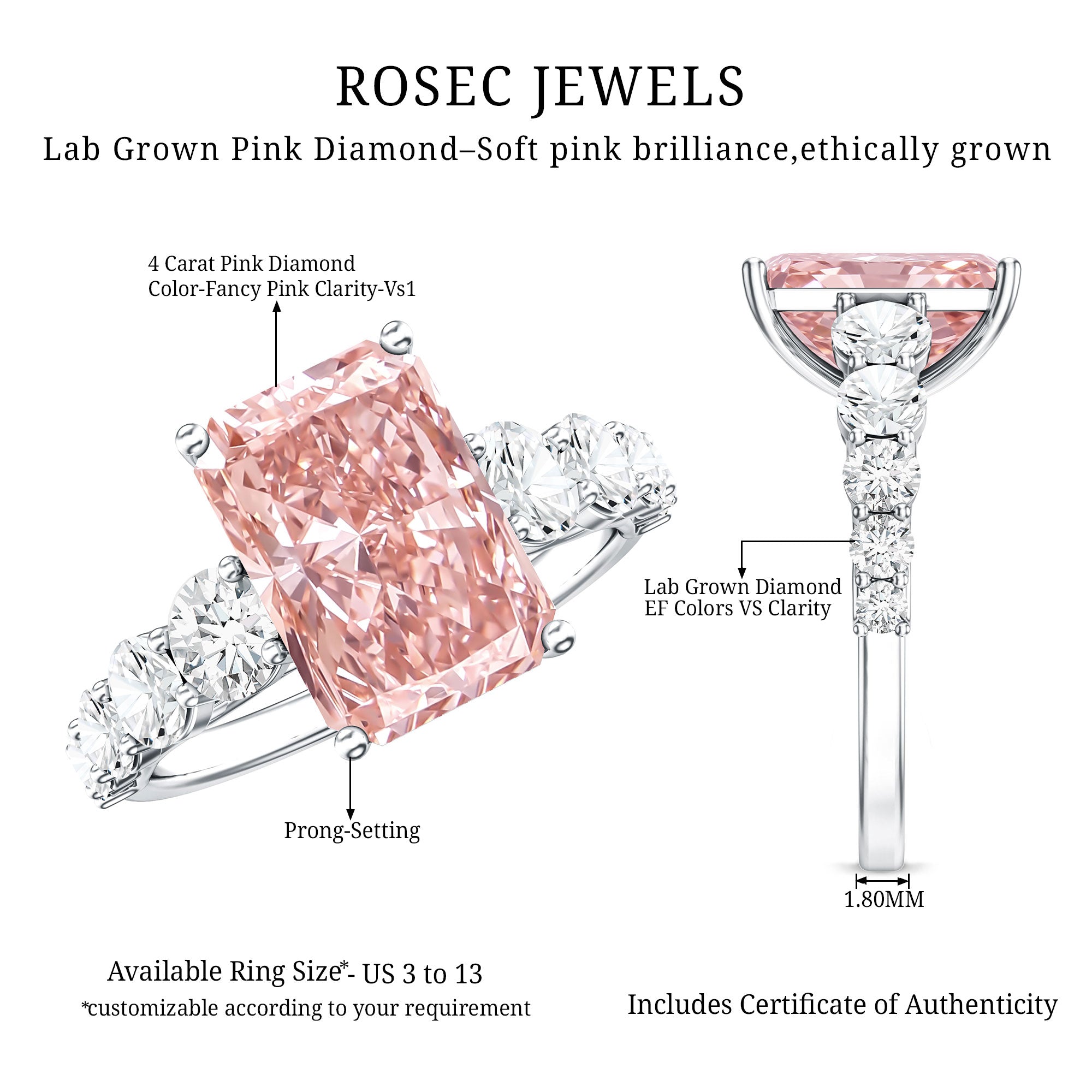 Rosec Jewels-IGI Certified Radiant Cut Lab Grown 4 Carat Pink Diamond Engagement Ring with Side Stones