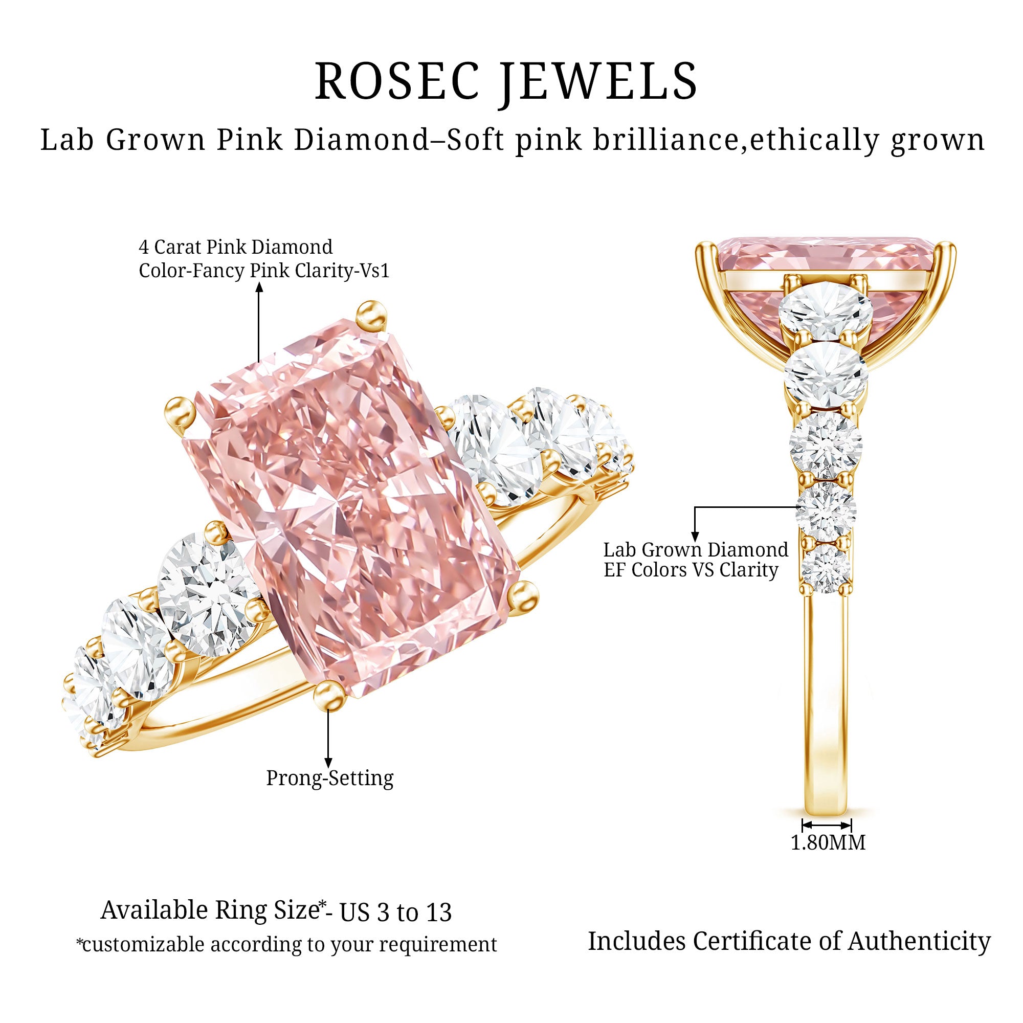 Rosec Jewels-IGI Certified Radiant Cut Lab Grown 4 Carat Pink Diamond Engagement Ring with Side Stones