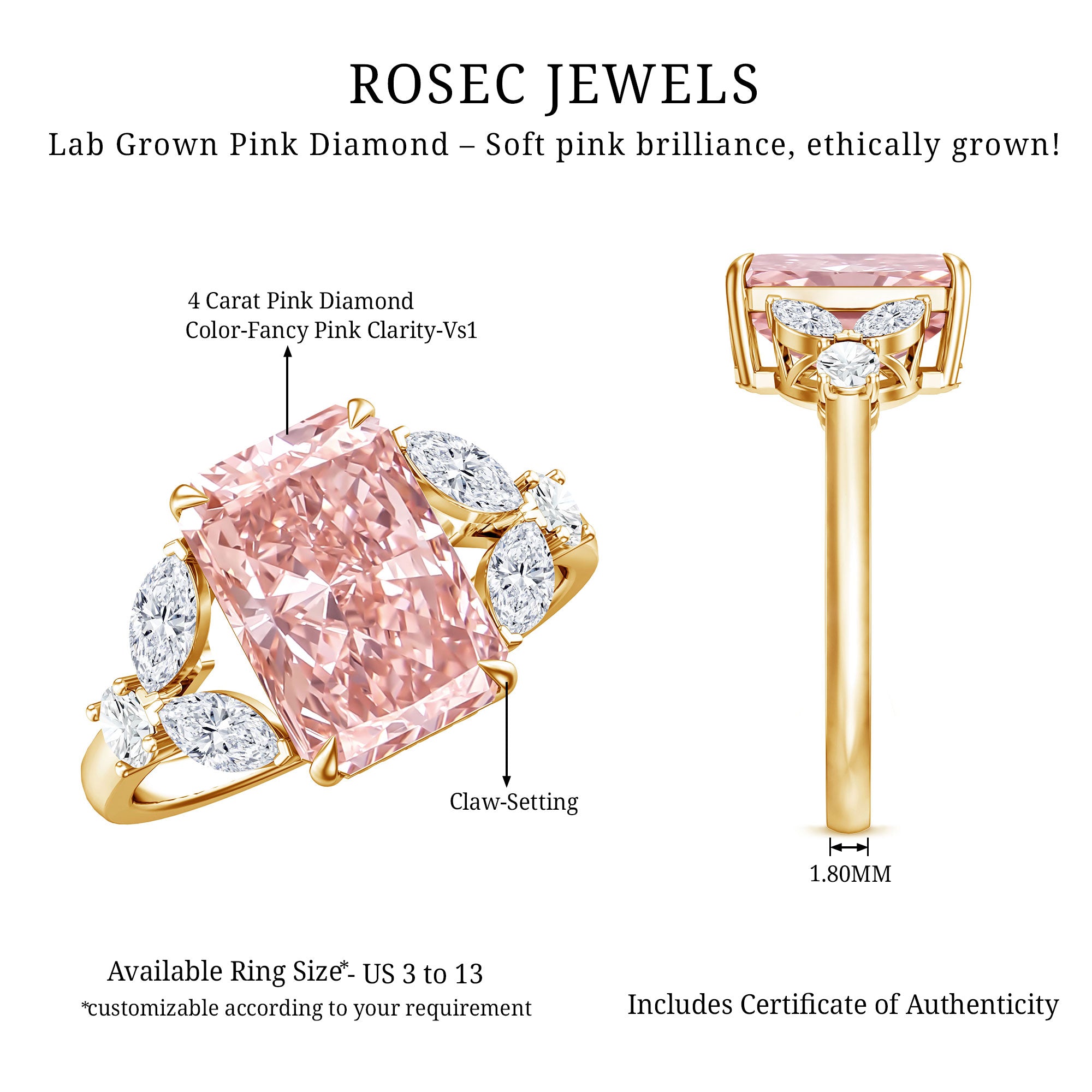 Rosec Jewels-Lab Grown 4 Carat Radiant Cut Pink Diamond Statement Engagement Ring IGI Certified