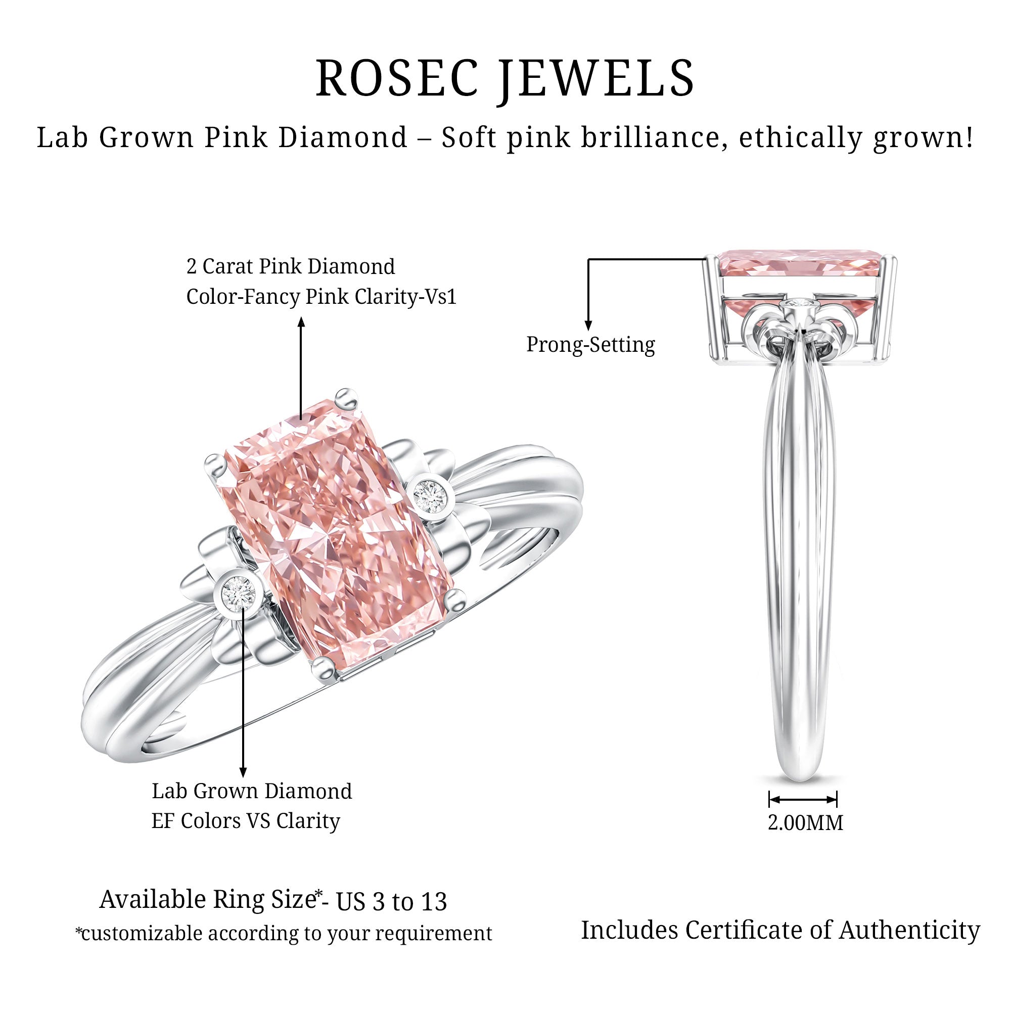 Rosec Jewels-Lab Grown 2 Carat Fancy Pink Diamond Solitaire Engagement Ring IGI Certified