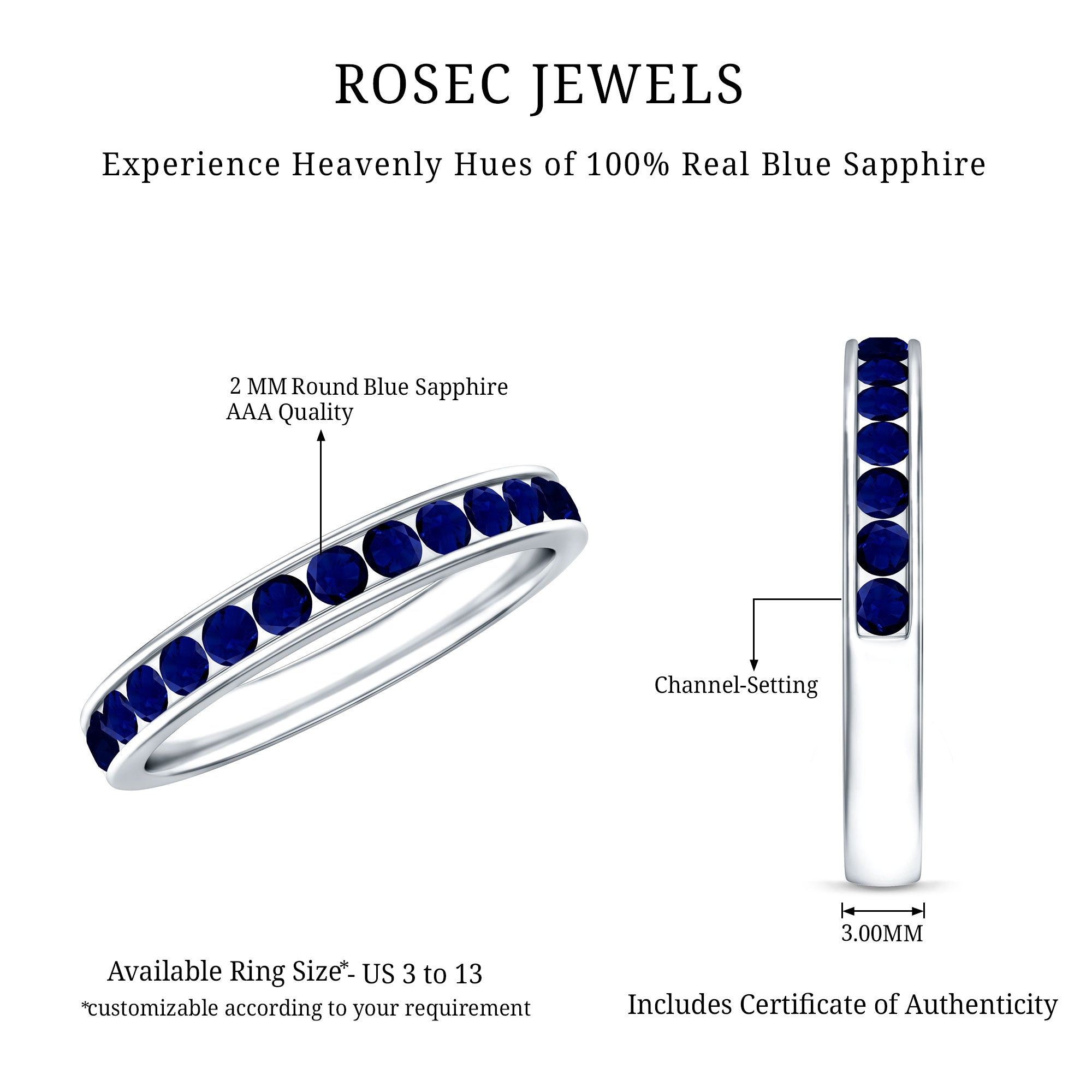 Natural Blue Sapphire Half Eternity Stackable Ring for Women AAA - Rosec Jewels
