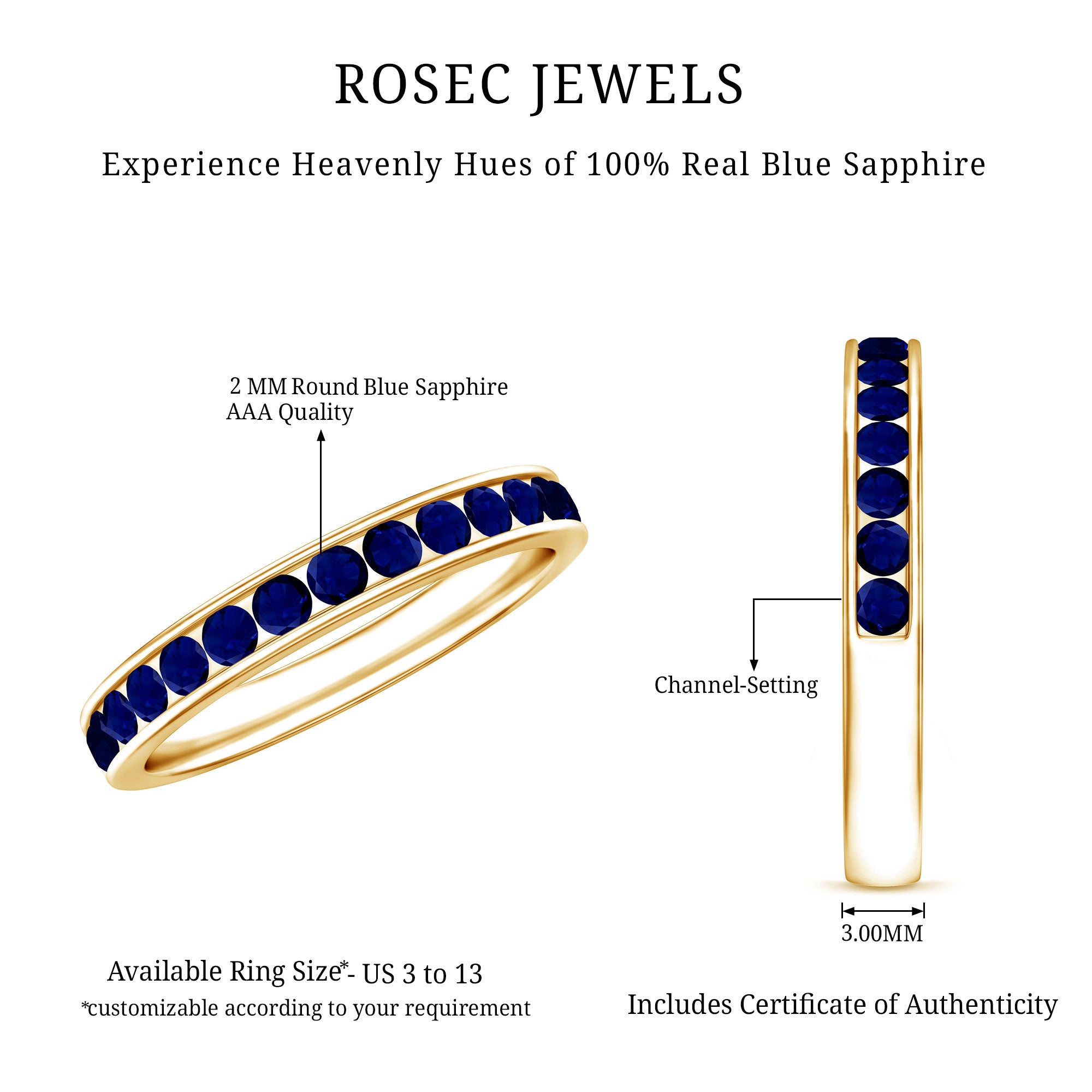 Natural Blue Sapphire Half Eternity Stackable Ring for Women AAA - Rosec Jewels