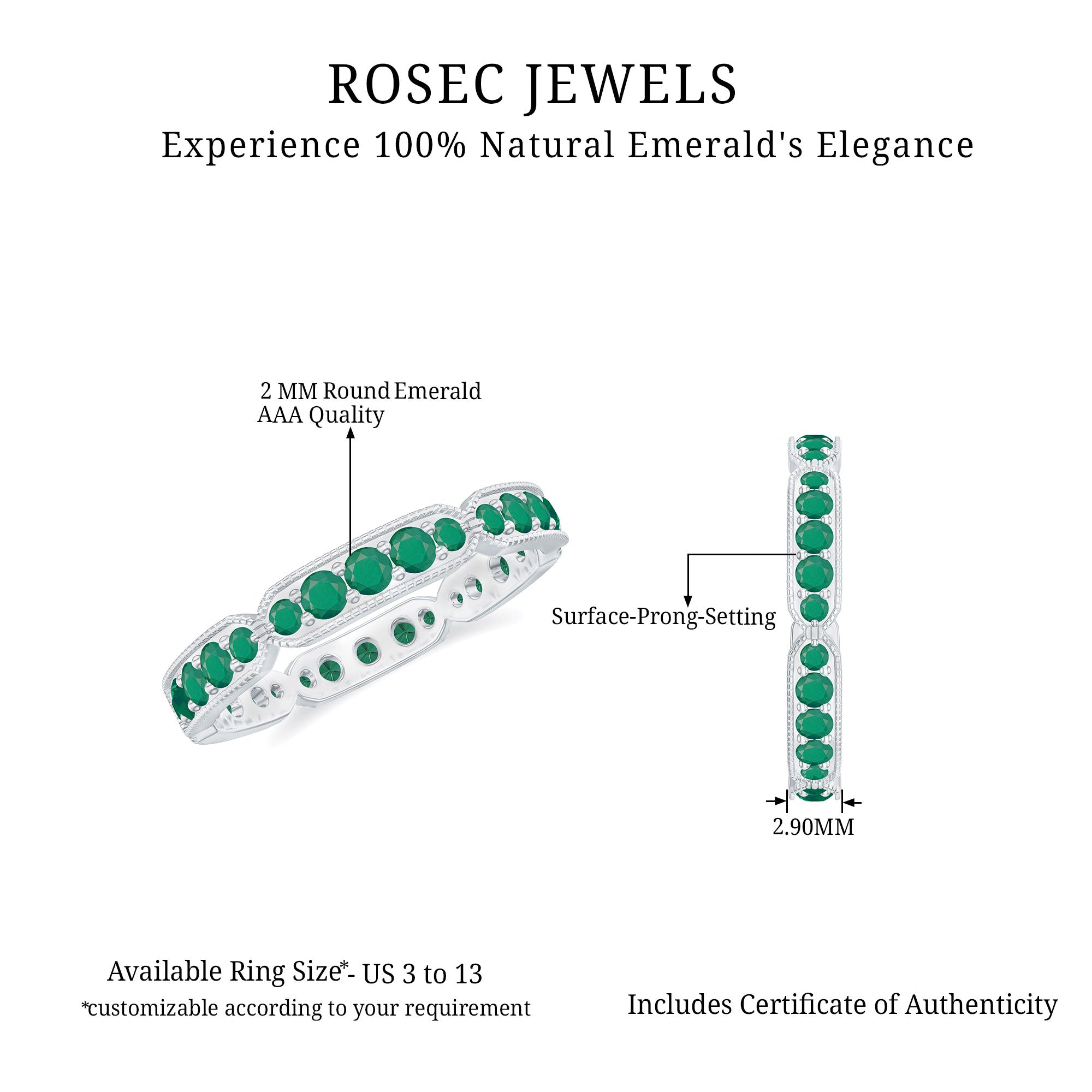 Natural Emerald Eternity Wedding Band with Milgrain Detail AAA - Rosec Jewels