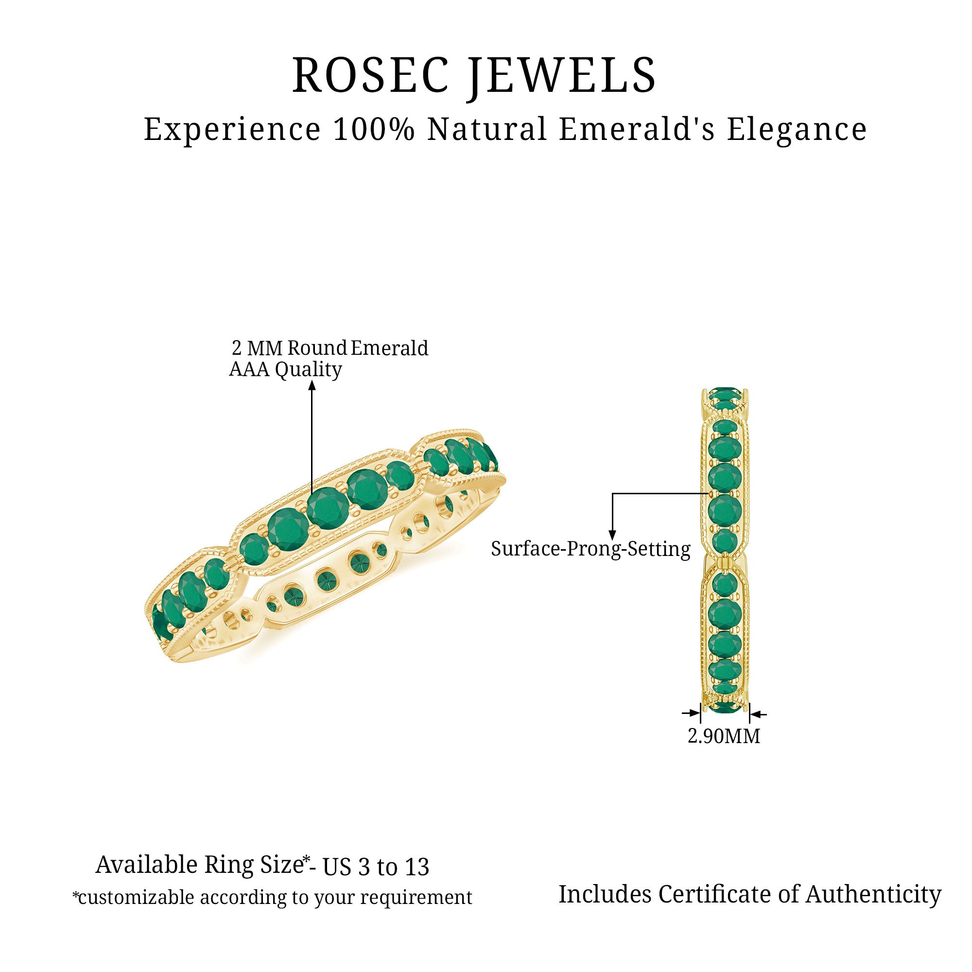Natural Emerald Eternity Wedding Band with Milgrain Detail AAA - Rosec Jewels