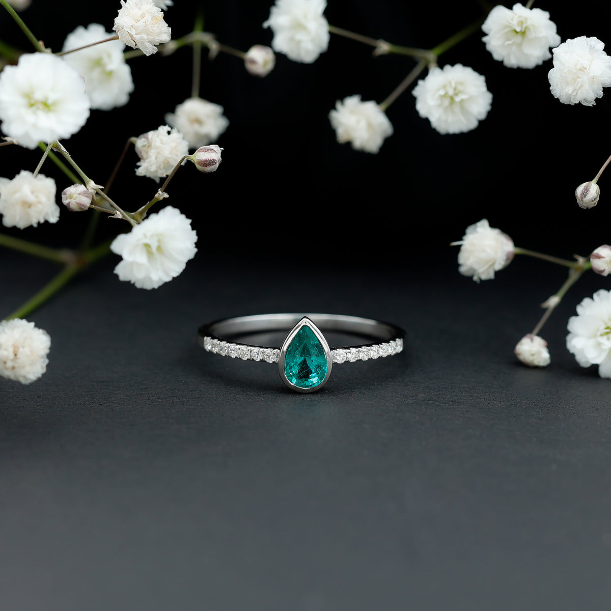 Pear Shaped Emerald Engagement Ring with Diamond Side Stones AAA - Rosec Jewels