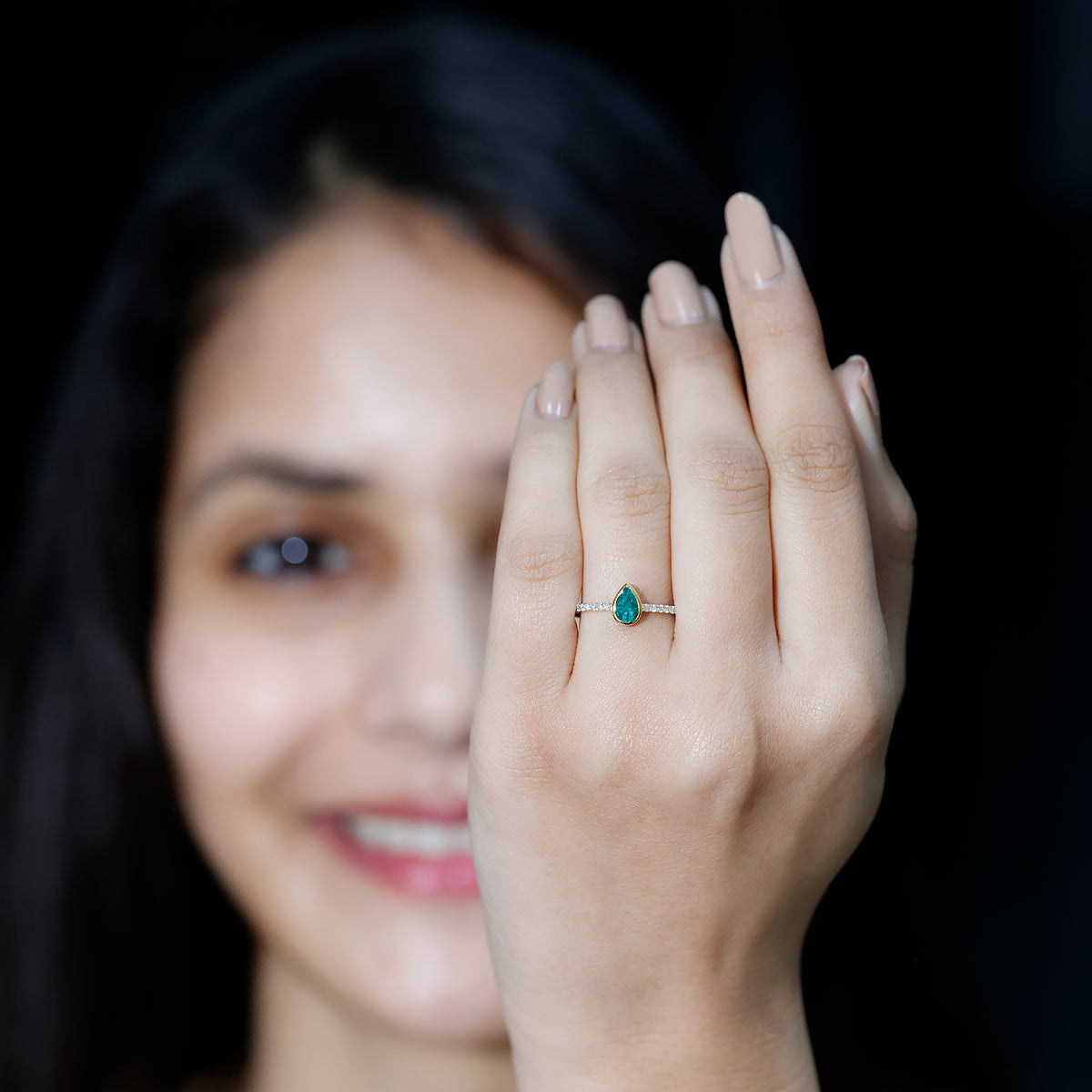 Pear Shaped Emerald Engagement Ring with Diamond Side Stones AAA - Rosec Jewels