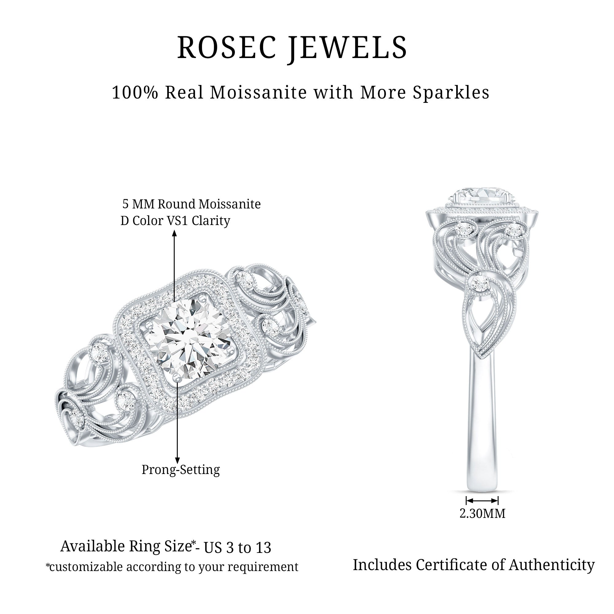 Certified Moissanite Art Deco Engagement Ring for Women D-VS1 - Rosec Jewels
