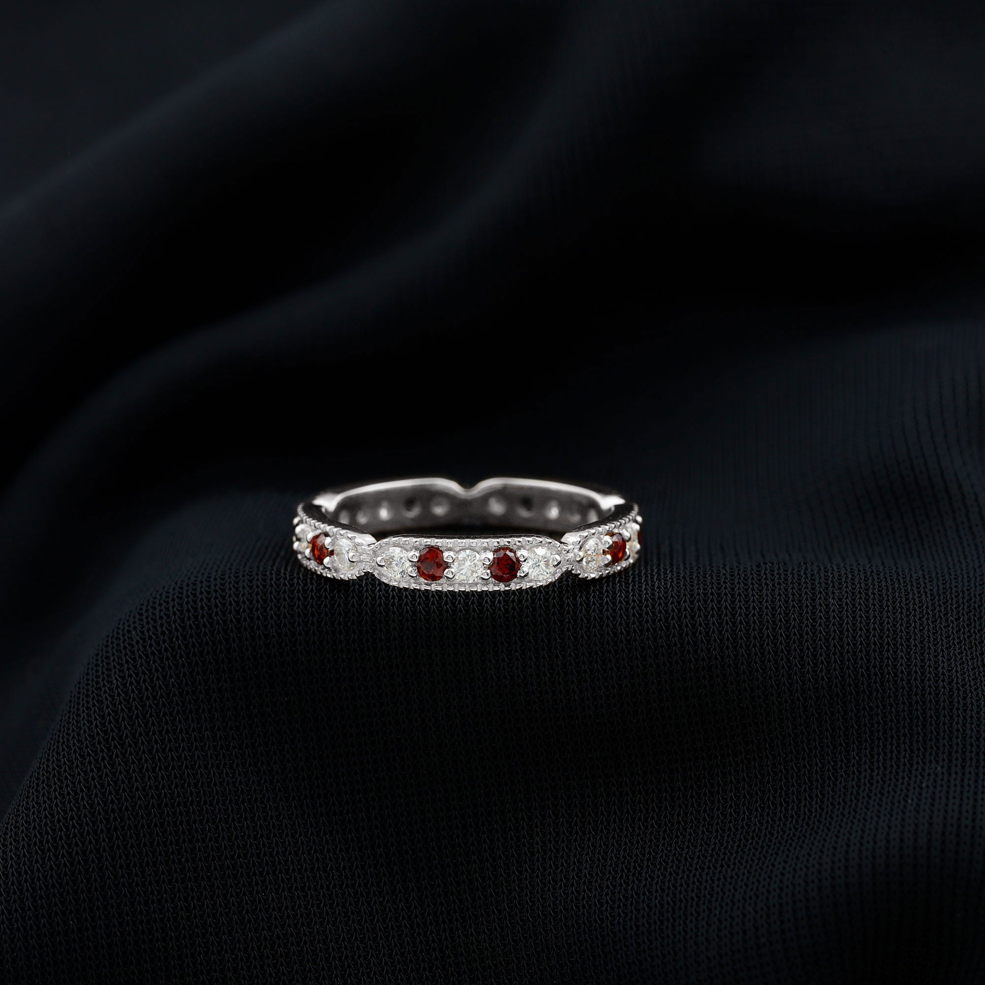 Vintage Inspired Garnet Eternity Ring with Diamond AAA - Rosec Jewels