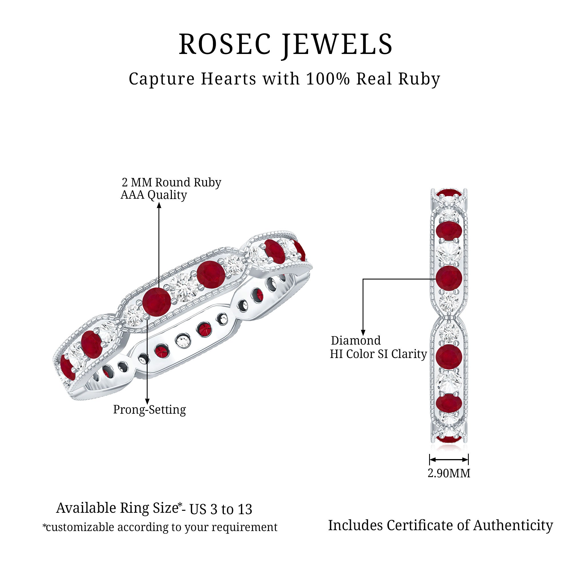 Real Ruby Diamond Eternity Ring for Anniversary AAA - Rosec Jewels