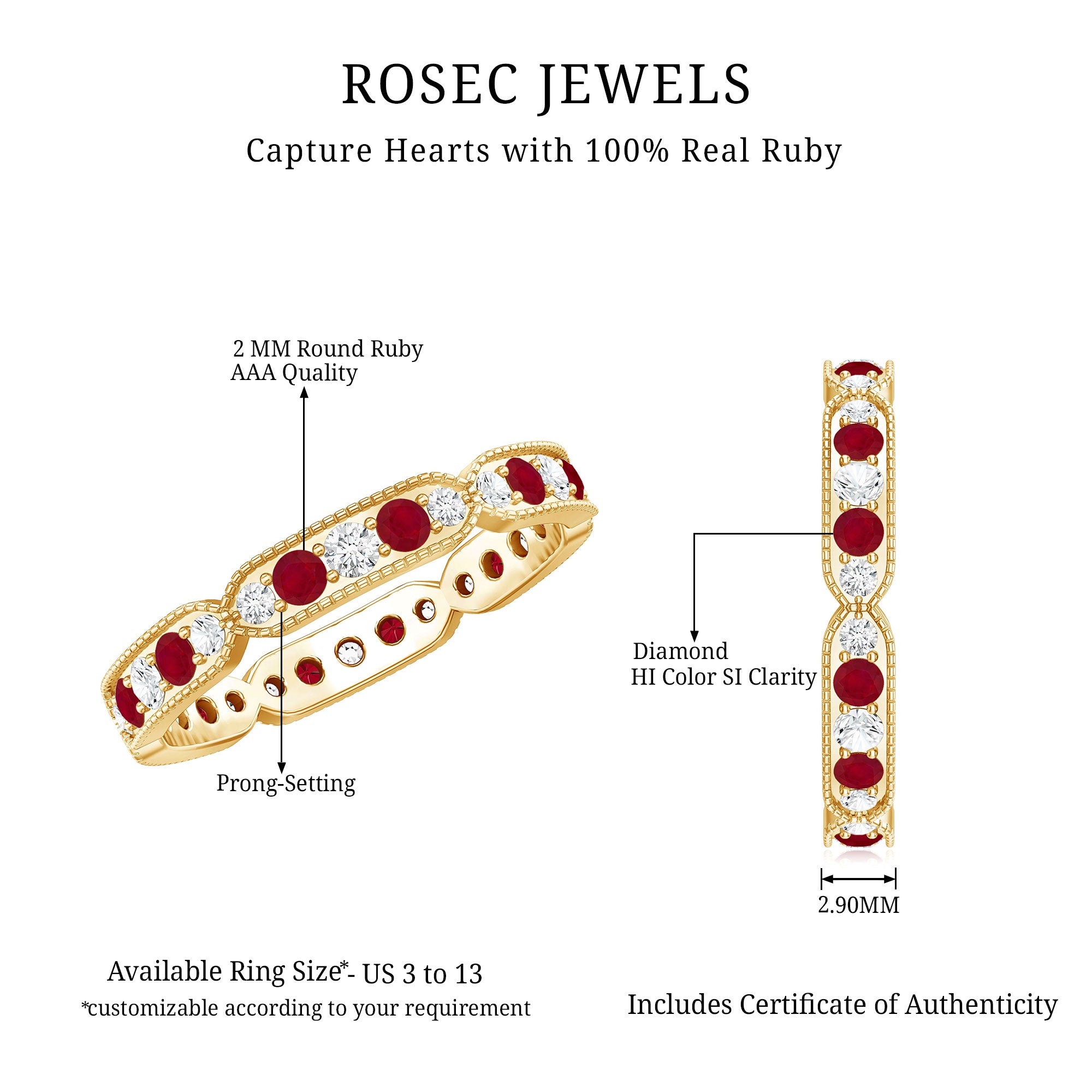 Real Ruby Diamond Eternity Ring for Anniversary AAA - Rosec Jewels