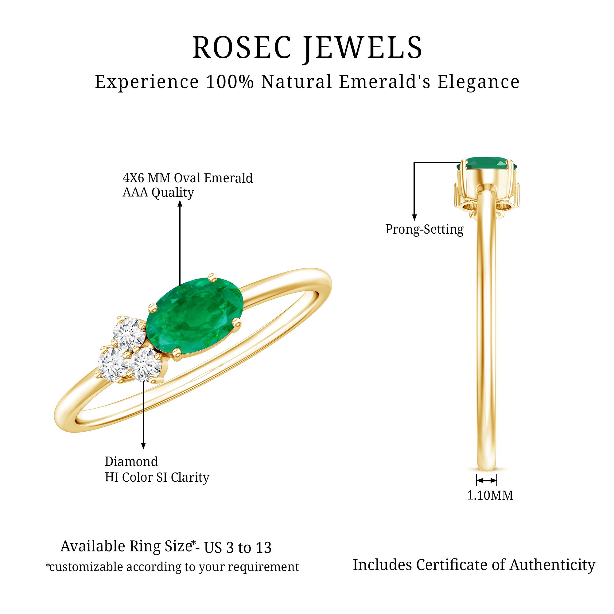 AAA Quality Oval Cut Emerald East West Promise Ring with Diamond Trio AAA - Rosec Jewels