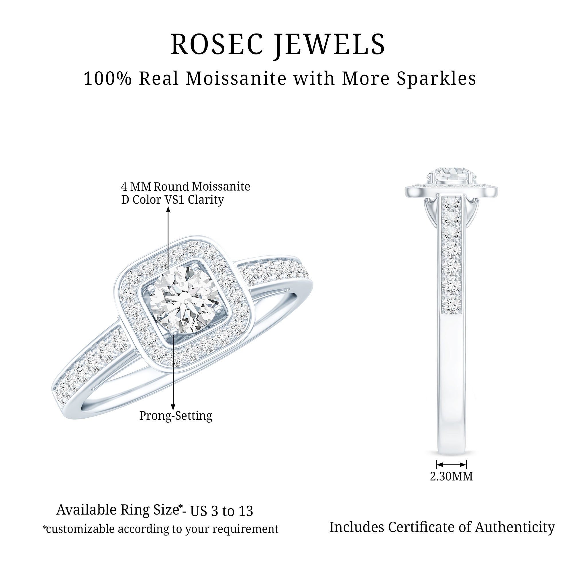 Moissanite Round Halo Engagement Ring with Certificate D-VS1 - Rosec Jewels