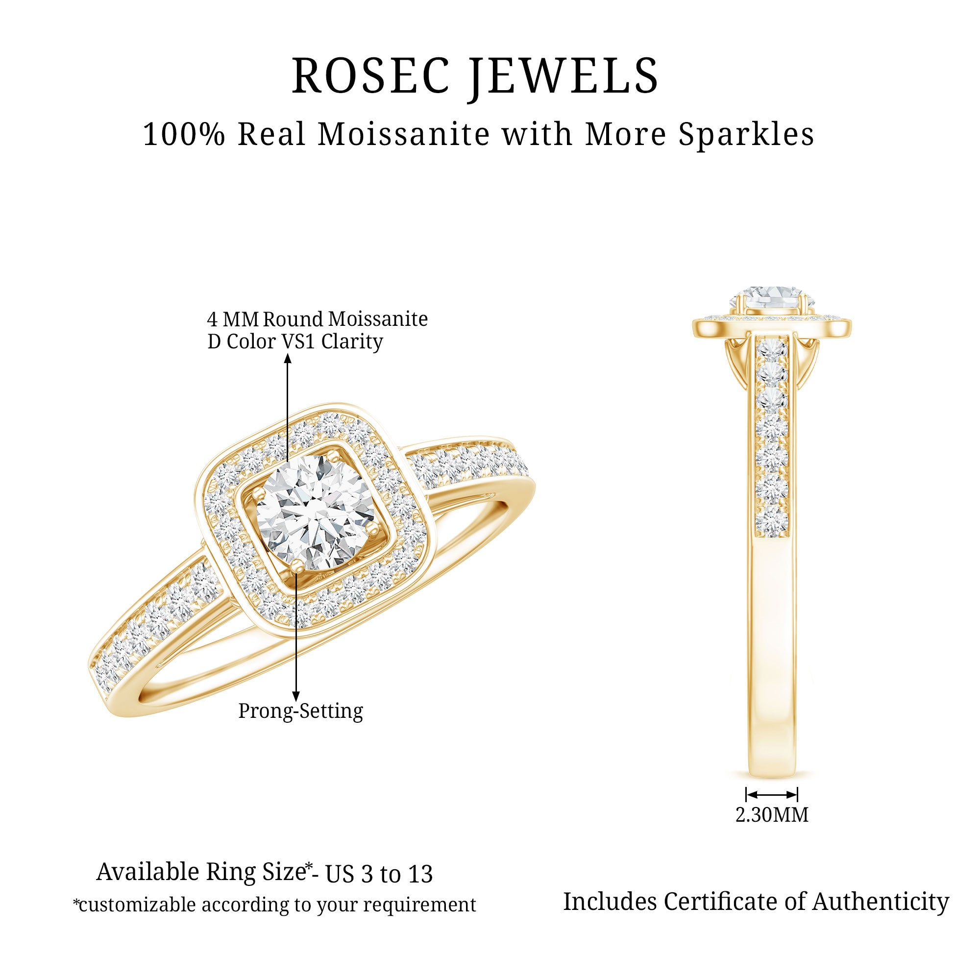 Moissanite Round Halo Engagement Ring with Certificate D-VS1 - Rosec Jewels
