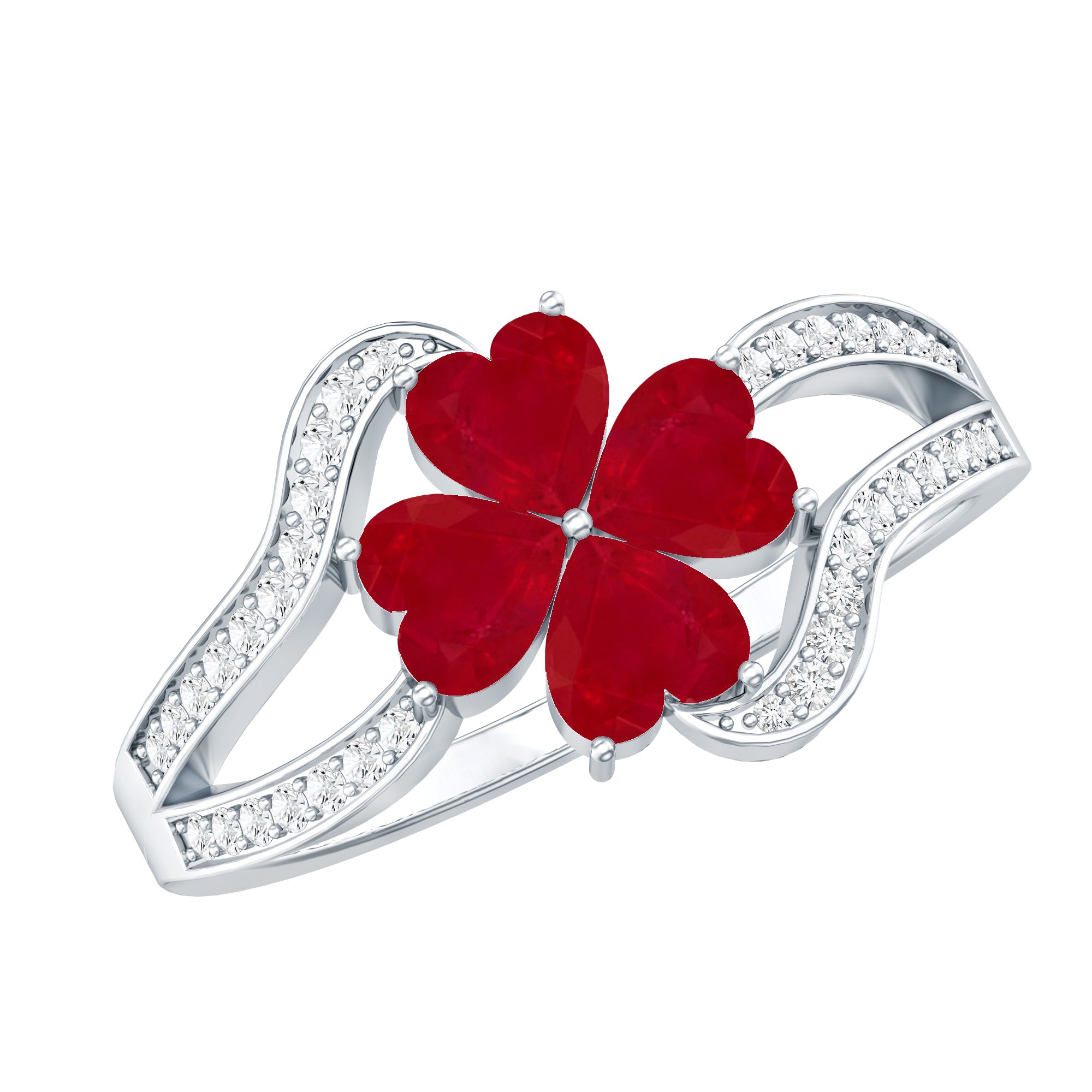 Real Ruby Flower Engagement Ring with Diamond Split Shank AAA - Rosec Jewels