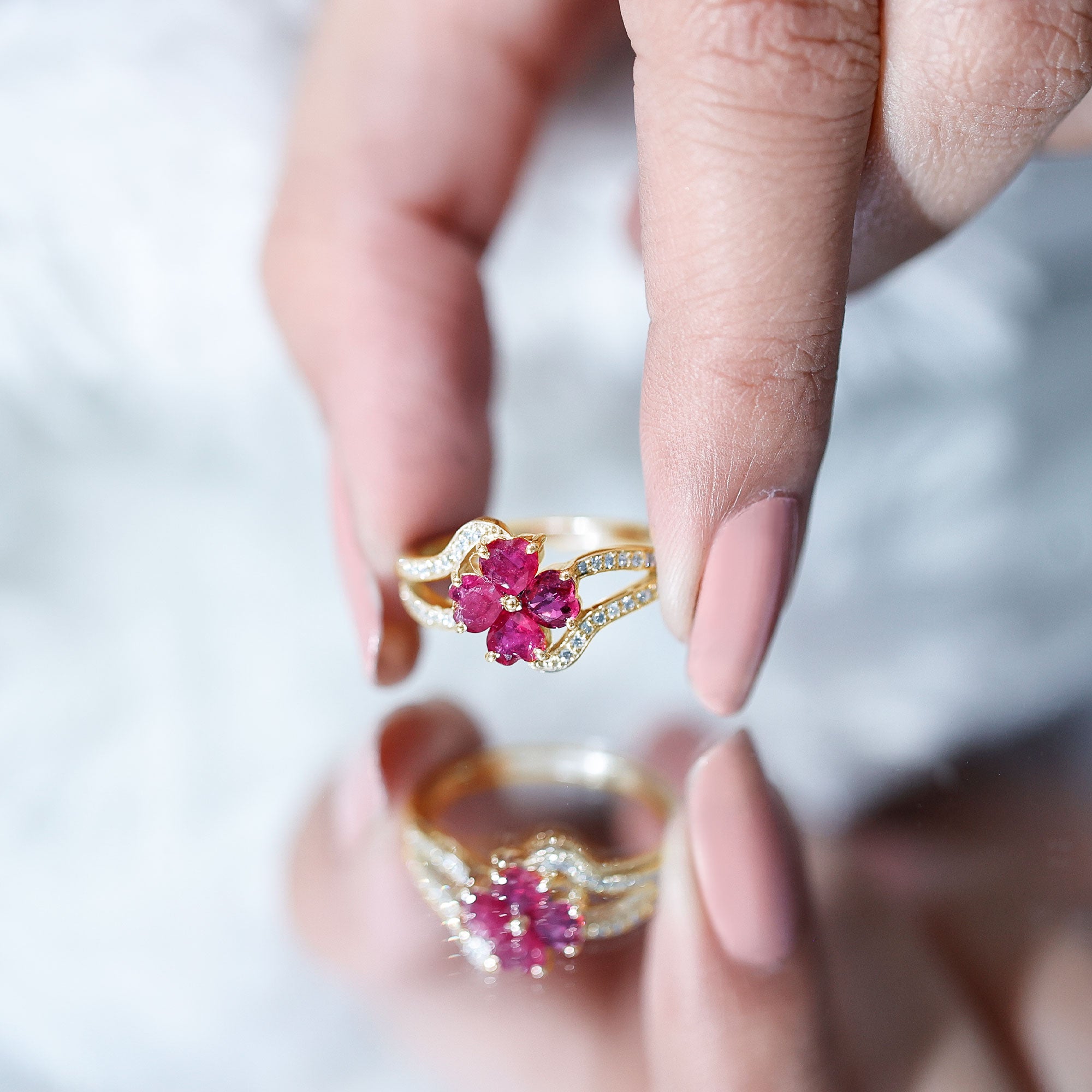 Real Ruby Flower Engagement Ring with Diamond Split Shank AAA - Rosec Jewels