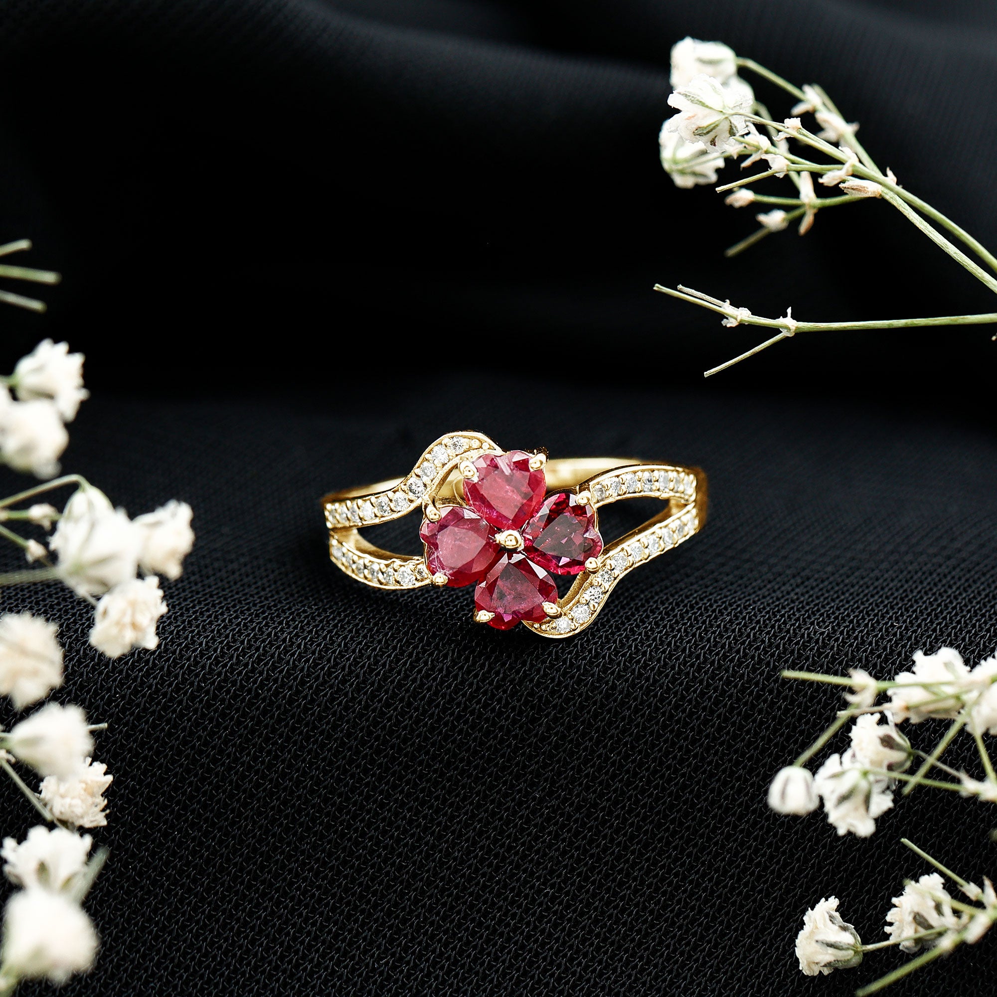 Real Ruby Flower Engagement Ring with Diamond Split Shank AAA - Rosec Jewels