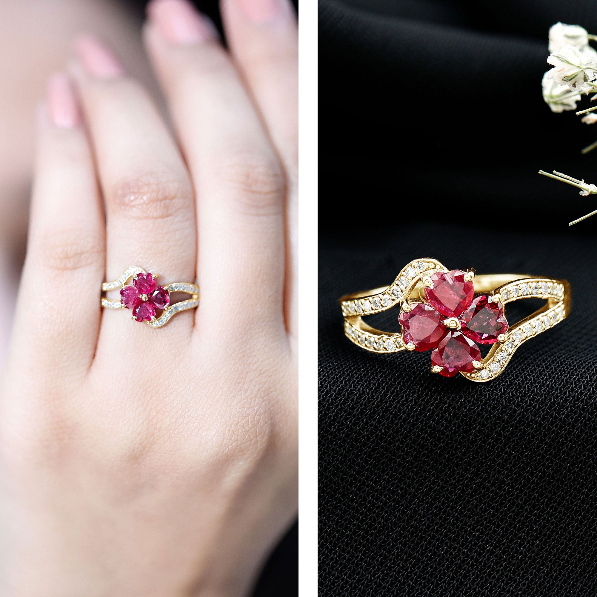 Real Ruby Flower Engagement Ring with Diamond Split Shank AAA - Rosec Jewels