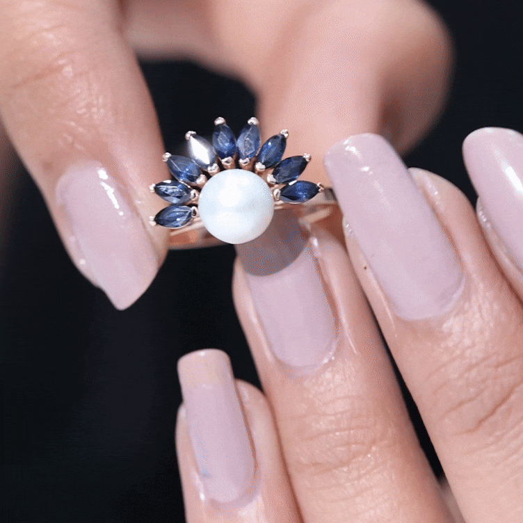 Cultured 3 Carat Freshwater Pearl Engagement Ring with Blue Sapphire AAA - Rosec Jewels