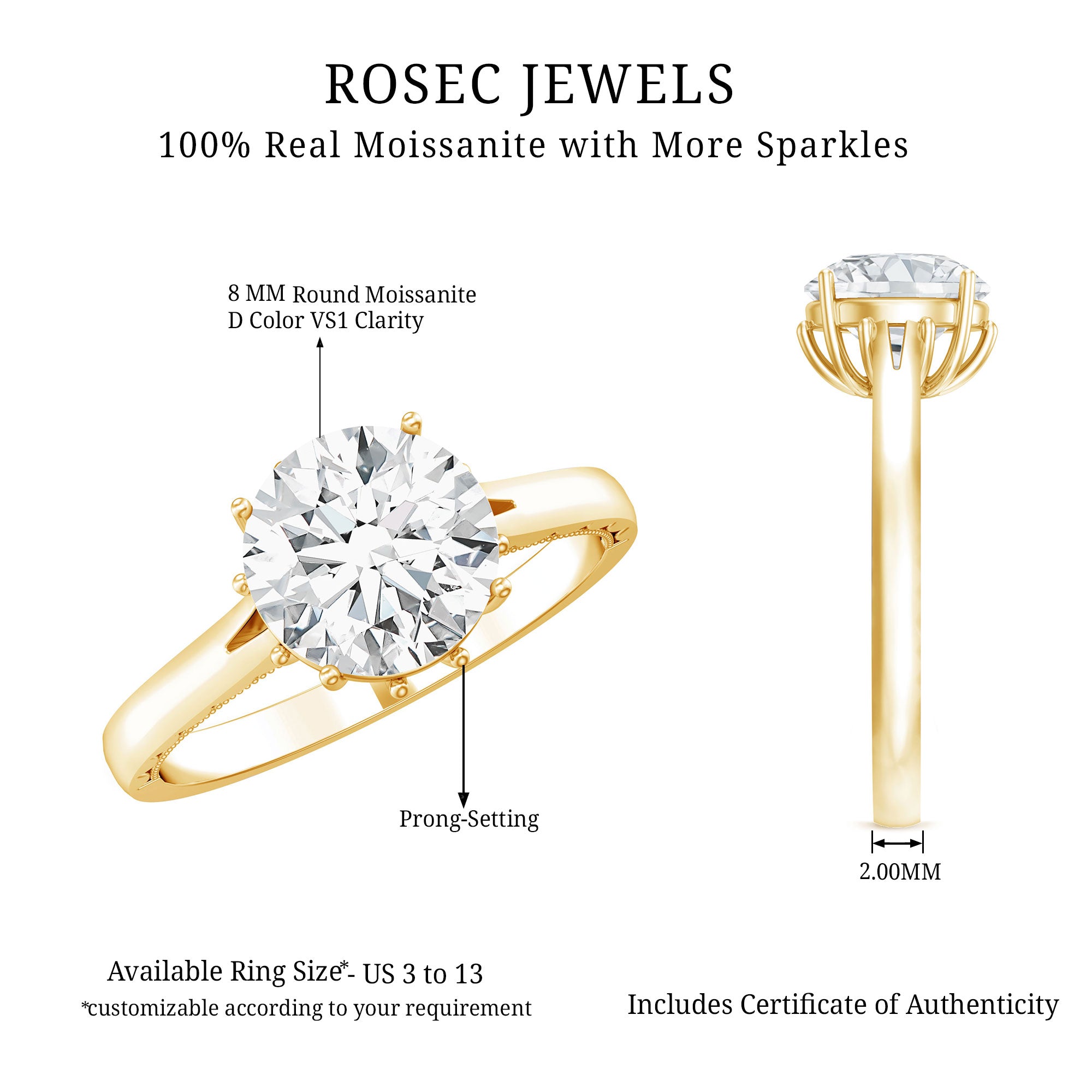 8 MM Round Cut Moissanite Engagement Ring with Milgrain Detailing D-VS1 - Rosec Jewels