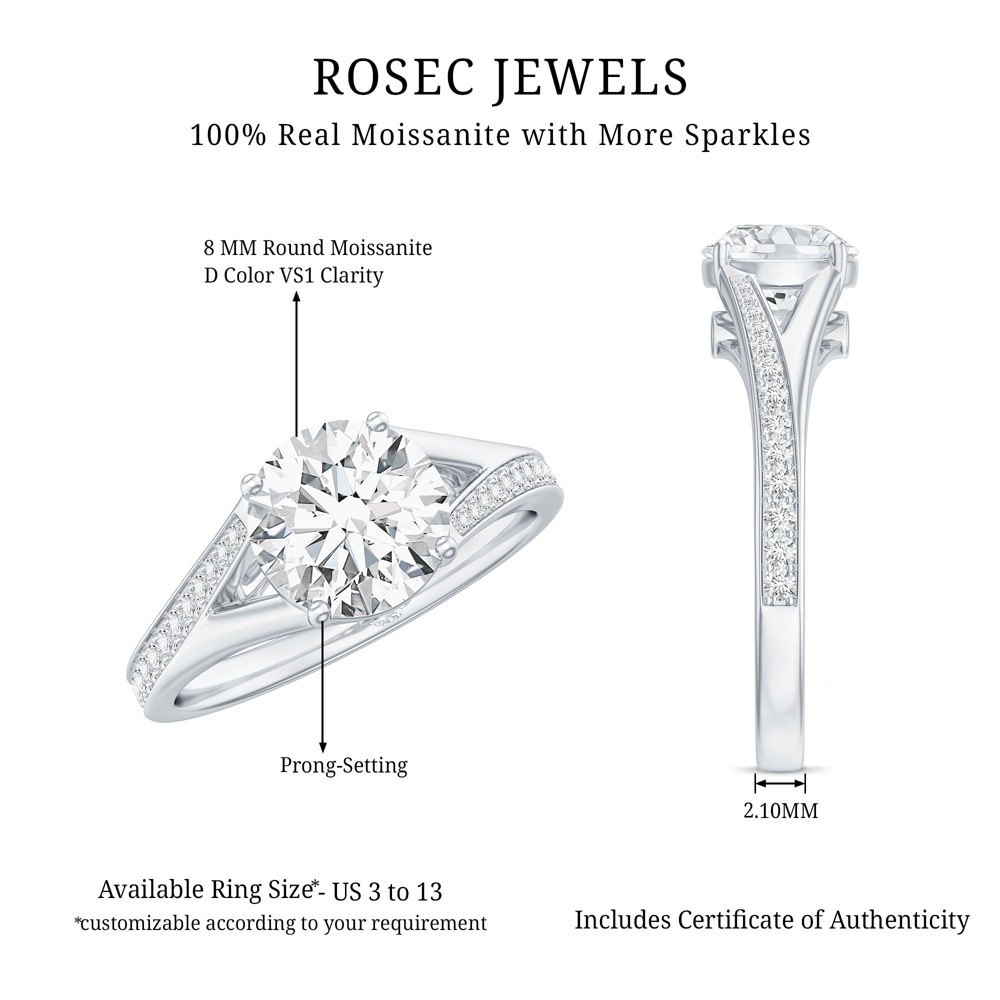 Rosec Jewels-Round Moissanite Solitaire Engagement Ring with Split Shank