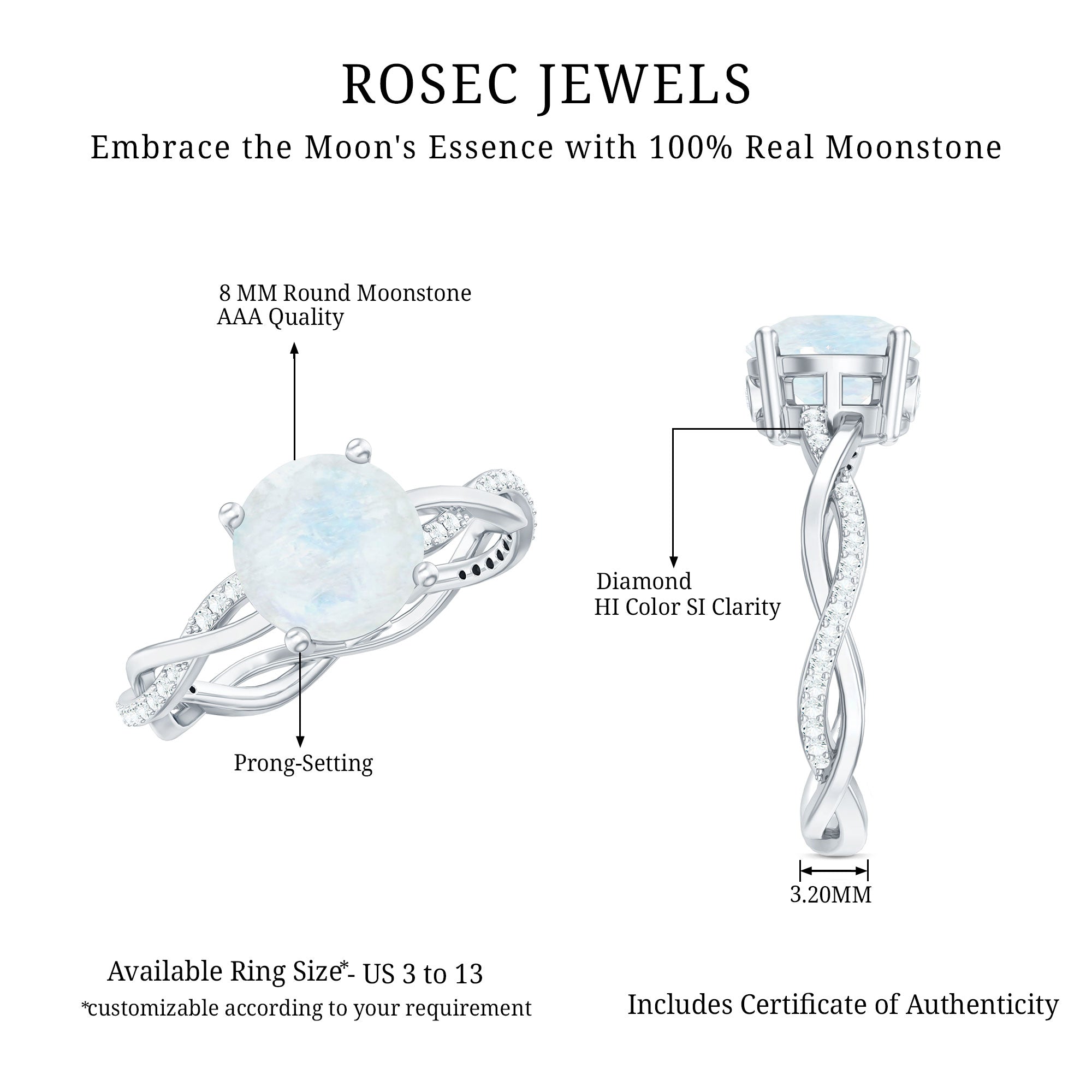 Real 0.85 Carat Moonstone and Diamond Braided Engagement Ring AAA - Rosec Jewels