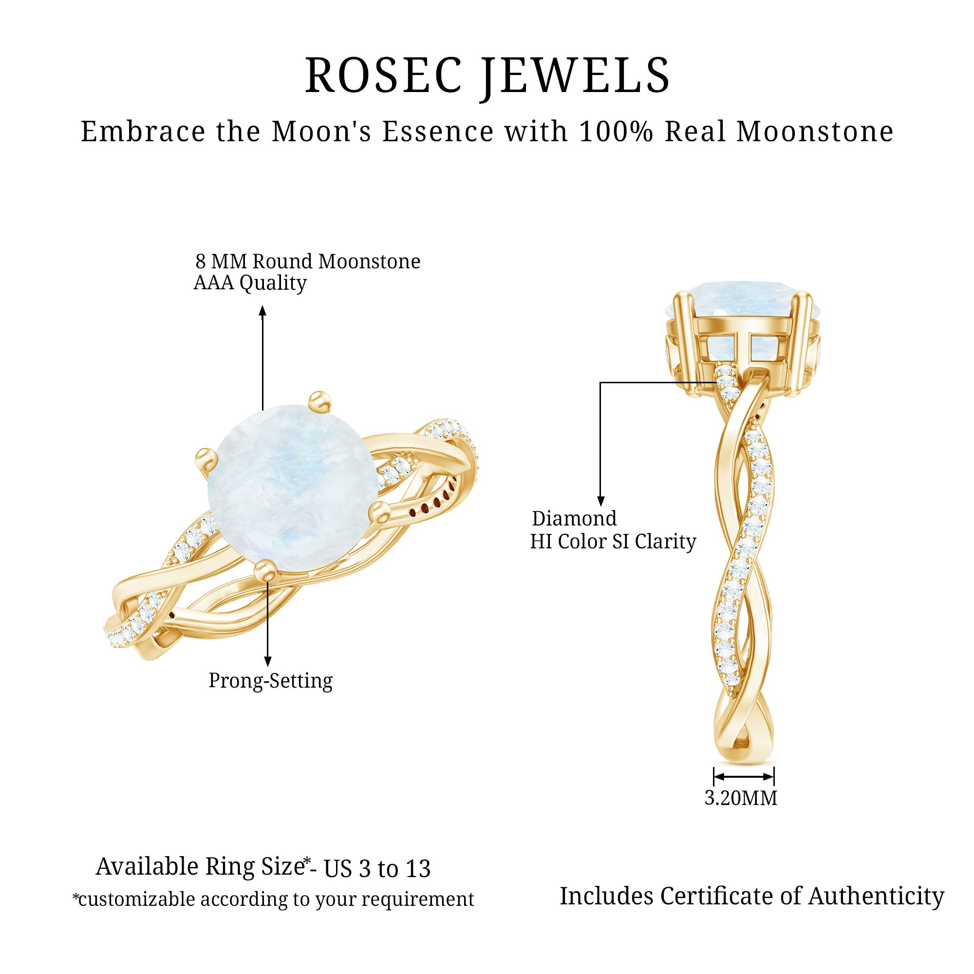 Real 0.85 Carat Moonstone and Diamond Braided Engagement Ring AAA - Rosec Jewels