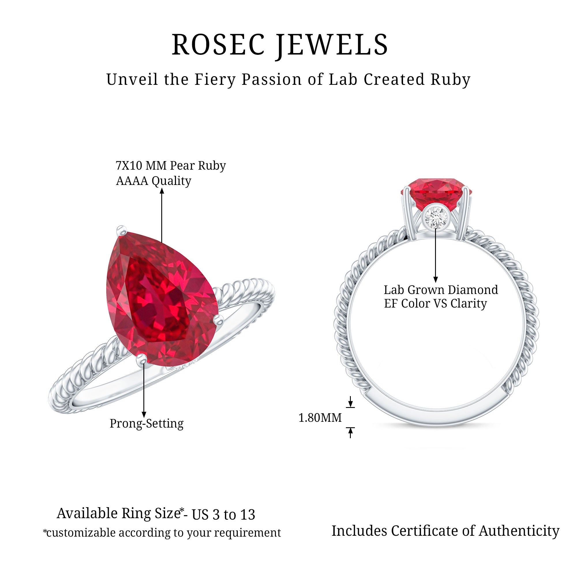 2.9 Carat Lab Created Ruby Teardrop Engagement Ring With Surprise Diamonds AAAA - Rosec Jewels