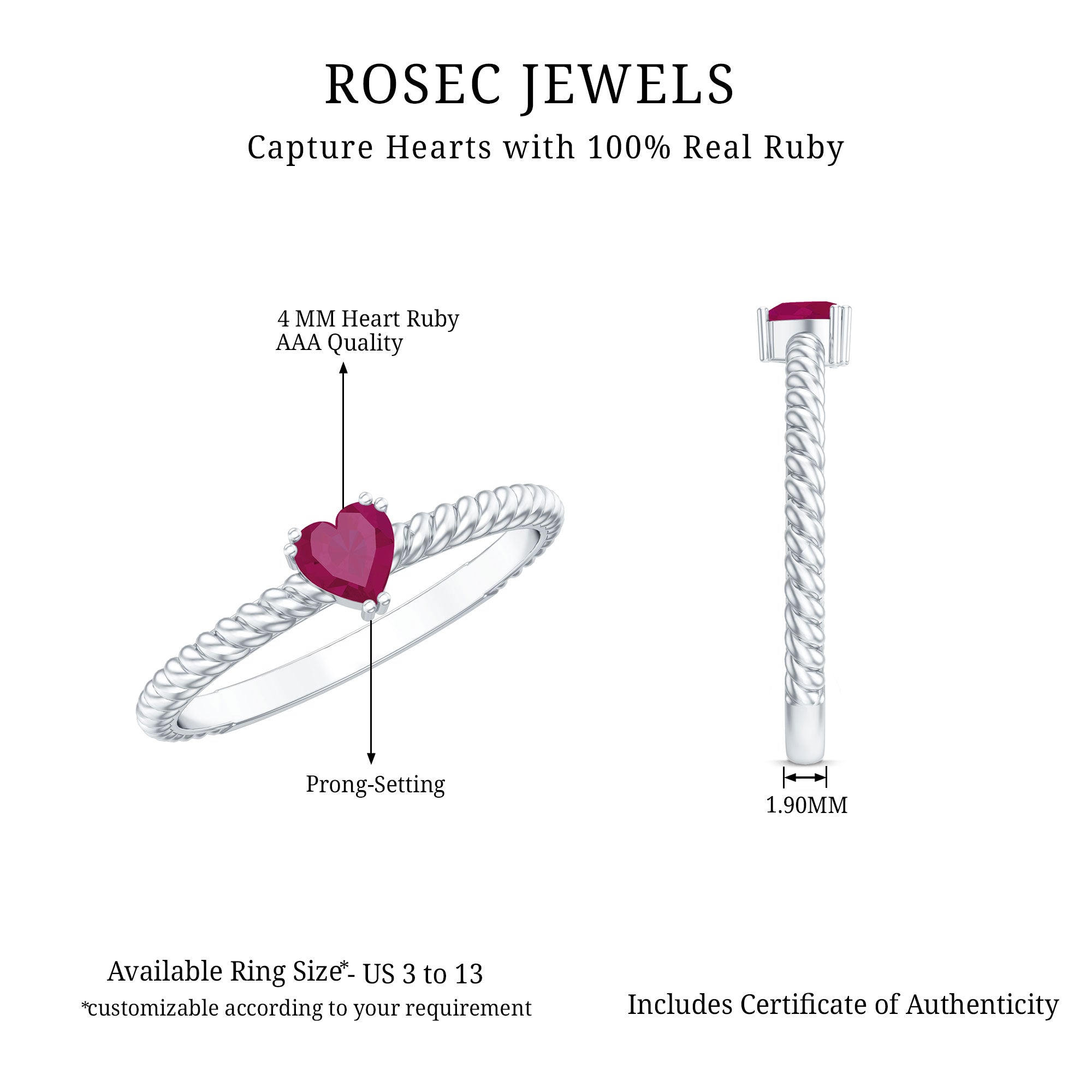 Real Half Carat Ruby Heart Promise Ring with Twisted Rope AAA - Rosec Jewels