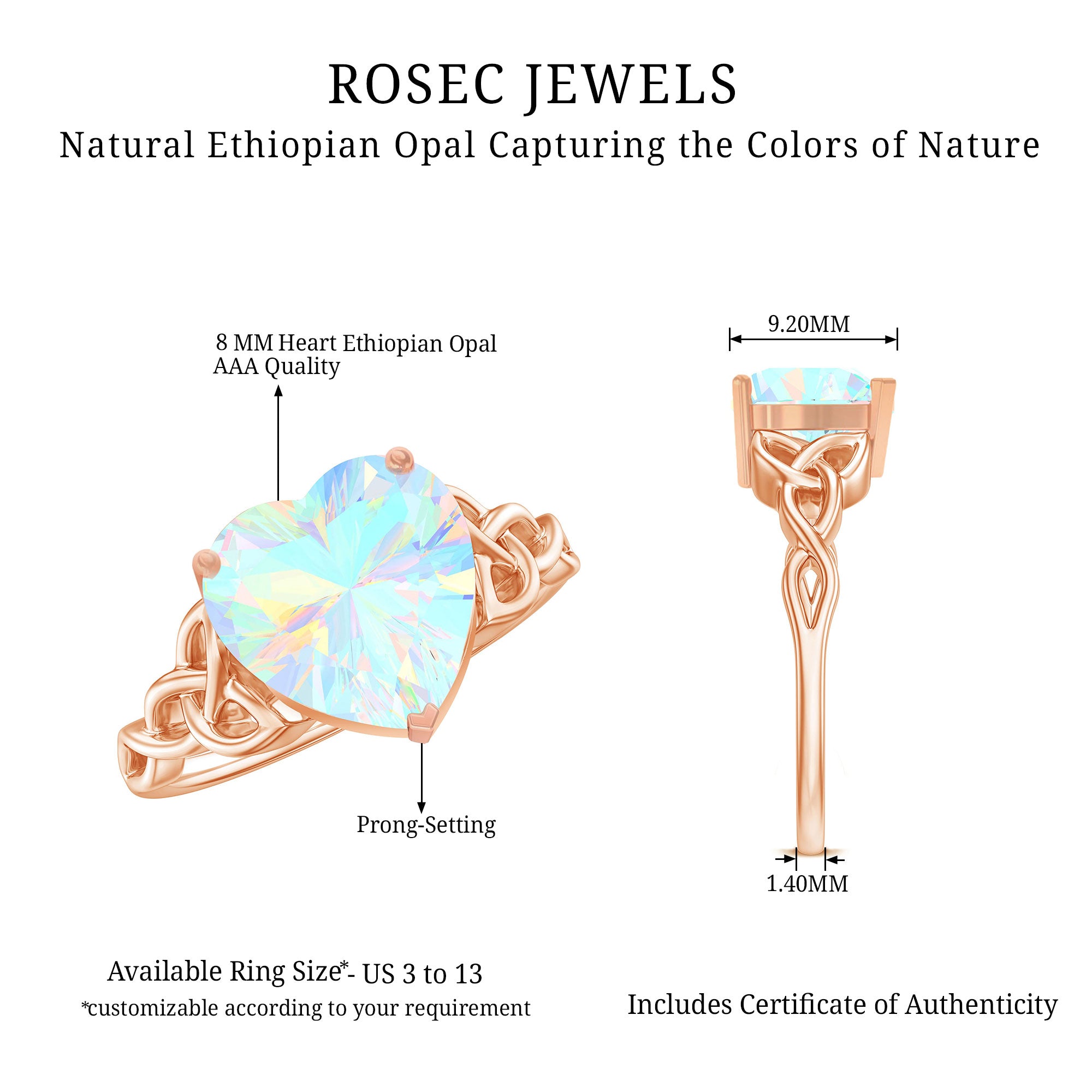 Certified 2 Carat Ethiopian Opal Heart Engagement Ring with Celtic Knot AAA - Rosec Jewels