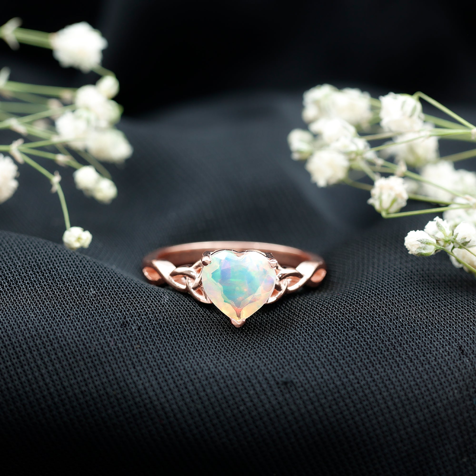 Certified 2 Carat Ethiopian Opal Heart Engagement Ring with Celtic Knot AAA - Rosec Jewels