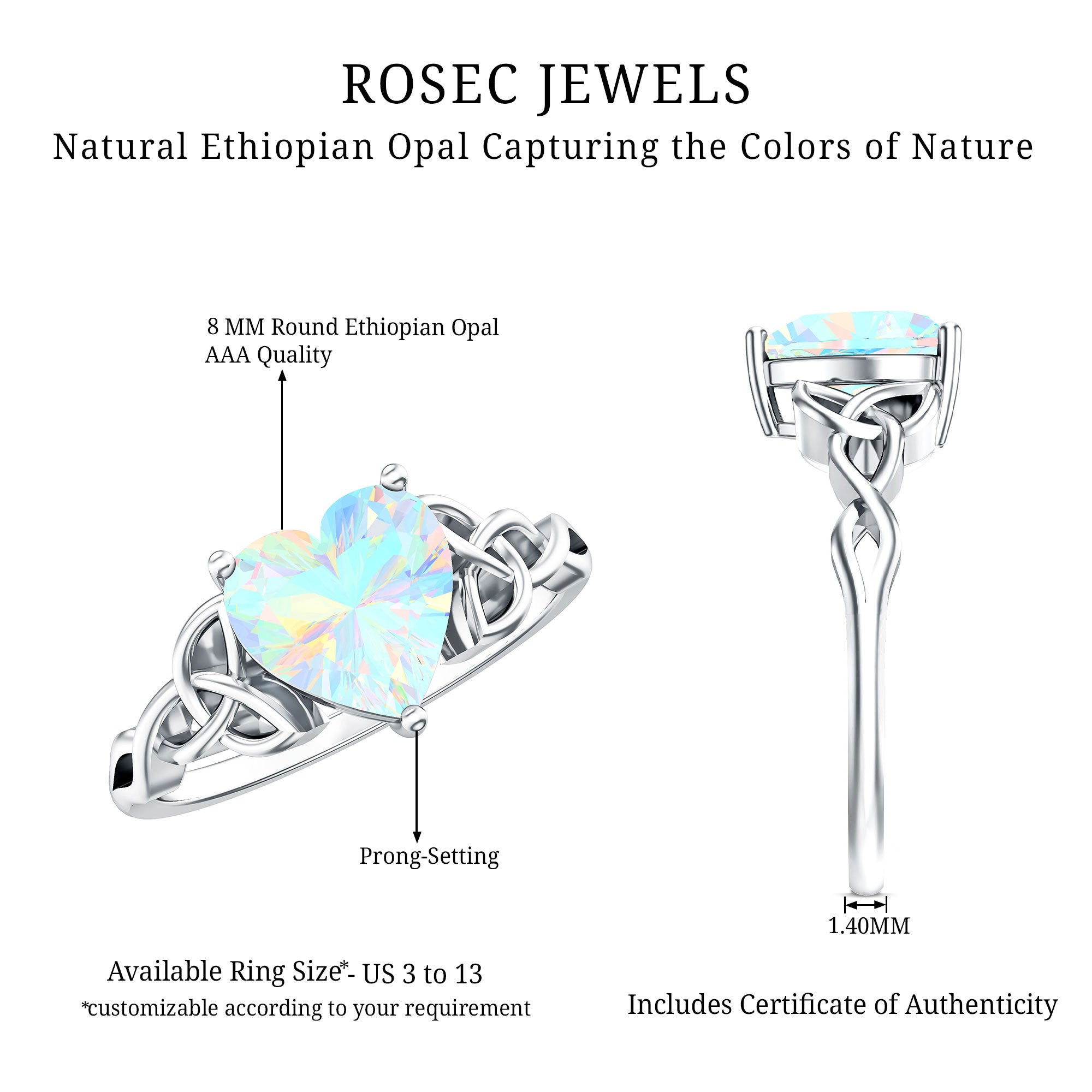 Certified 2 Carat Ethiopian Opal Heart Engagement Ring with Celtic Knot AAA - Rosec Jewels