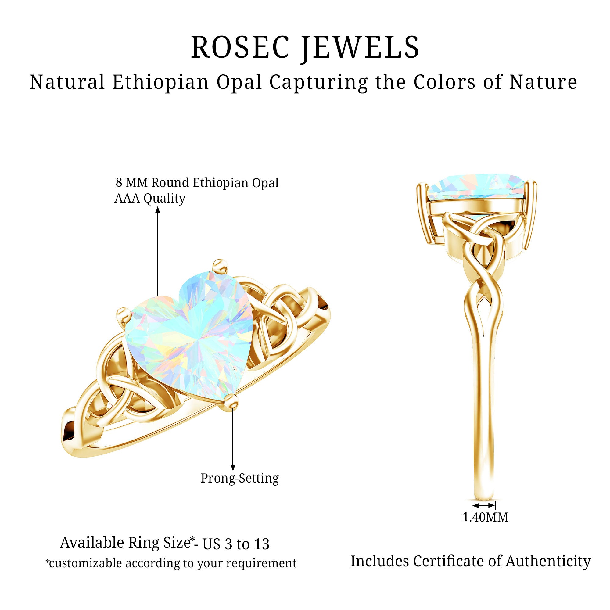 Certified 2 Carat Ethiopian Opal Heart Engagement Ring with Celtic Knot AAA - Rosec Jewels