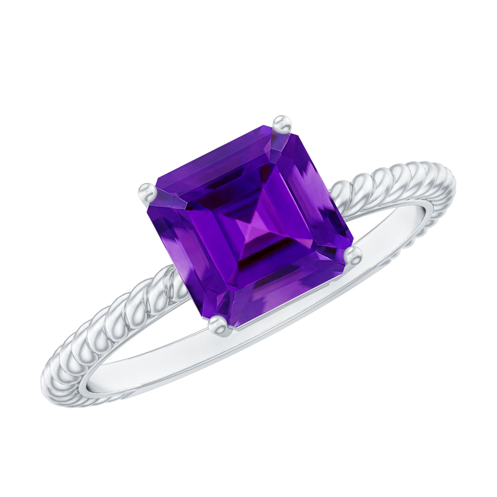 Asscher Cut Amethyst Solitaire Ring with Twisted Rope Details
