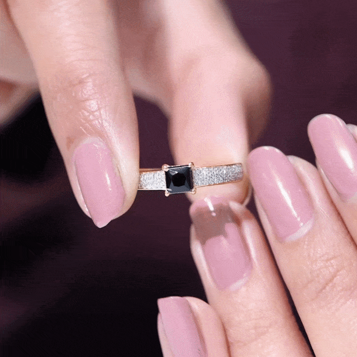 Princess Cut Black Spinel Engagement Ring with Diamond Side Stones AAA - Rosec Jewels