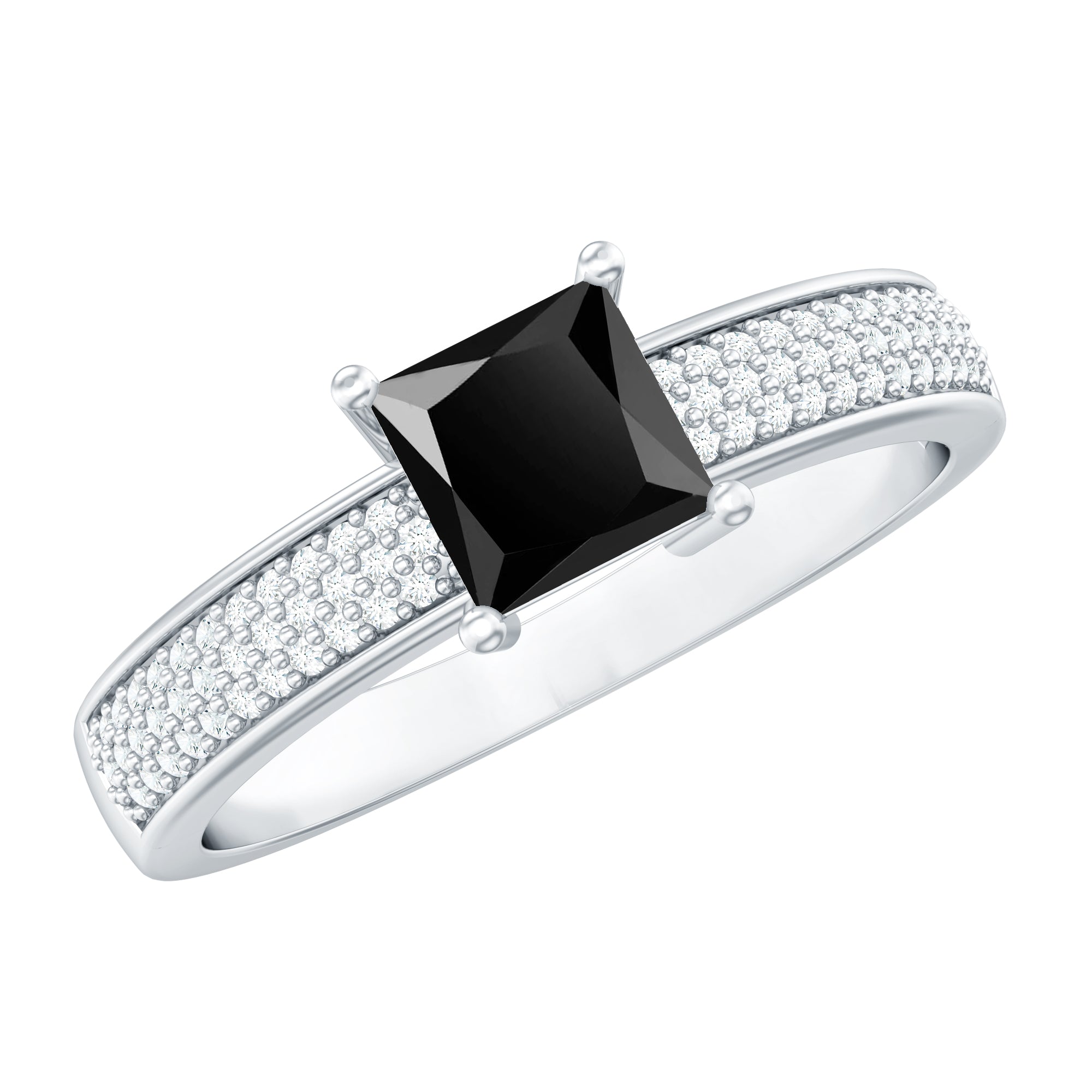 Princess Cut Black Spinel Engagement Ring with Diamond Side Stones AAA - Rosec Jewels