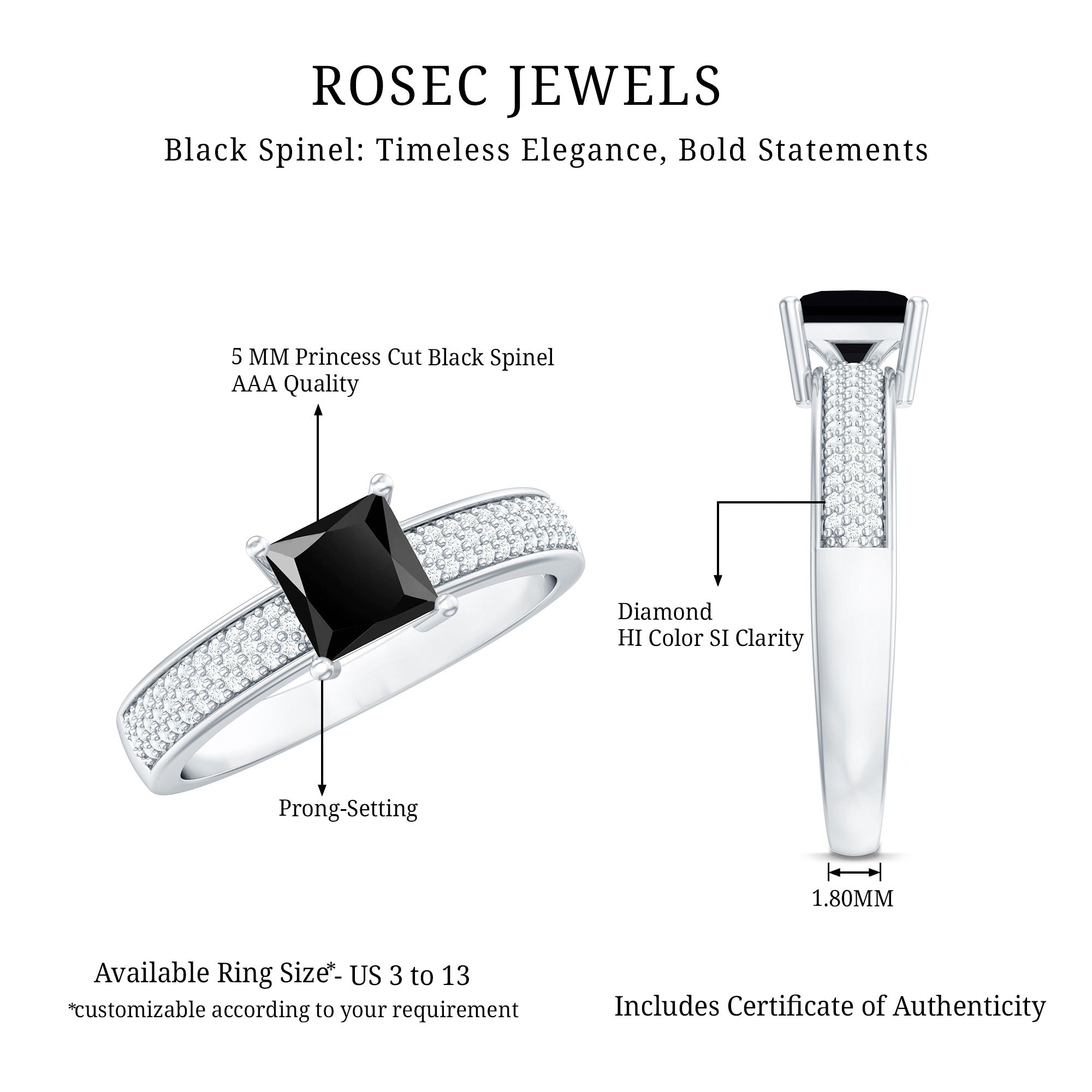 Princess Cut Black Spinel Engagement Ring with Diamond Side Stones AAA - Rosec Jewels