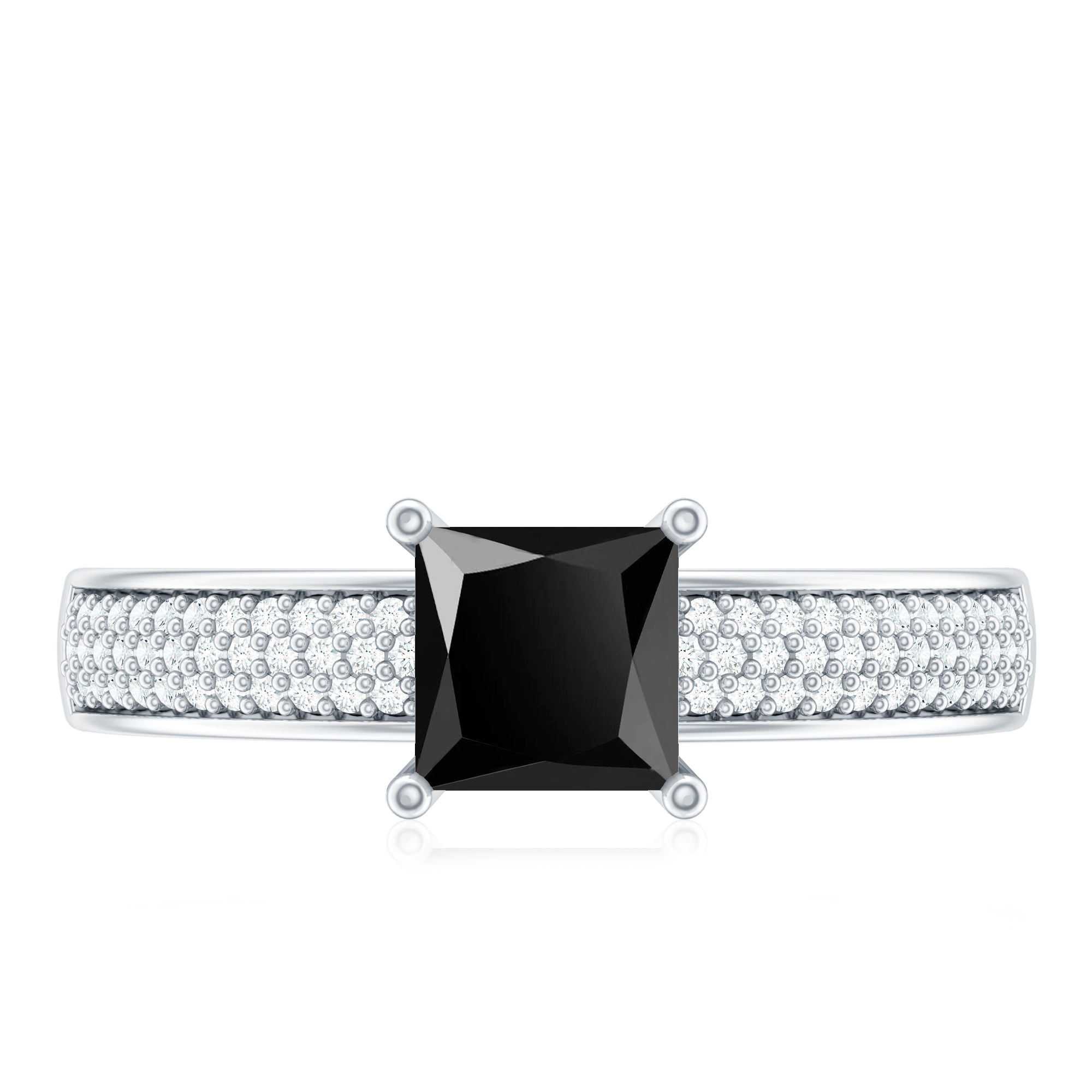 Princess Cut Black Spinel Engagement Ring with Diamond Side Stones AAA - Rosec Jewels