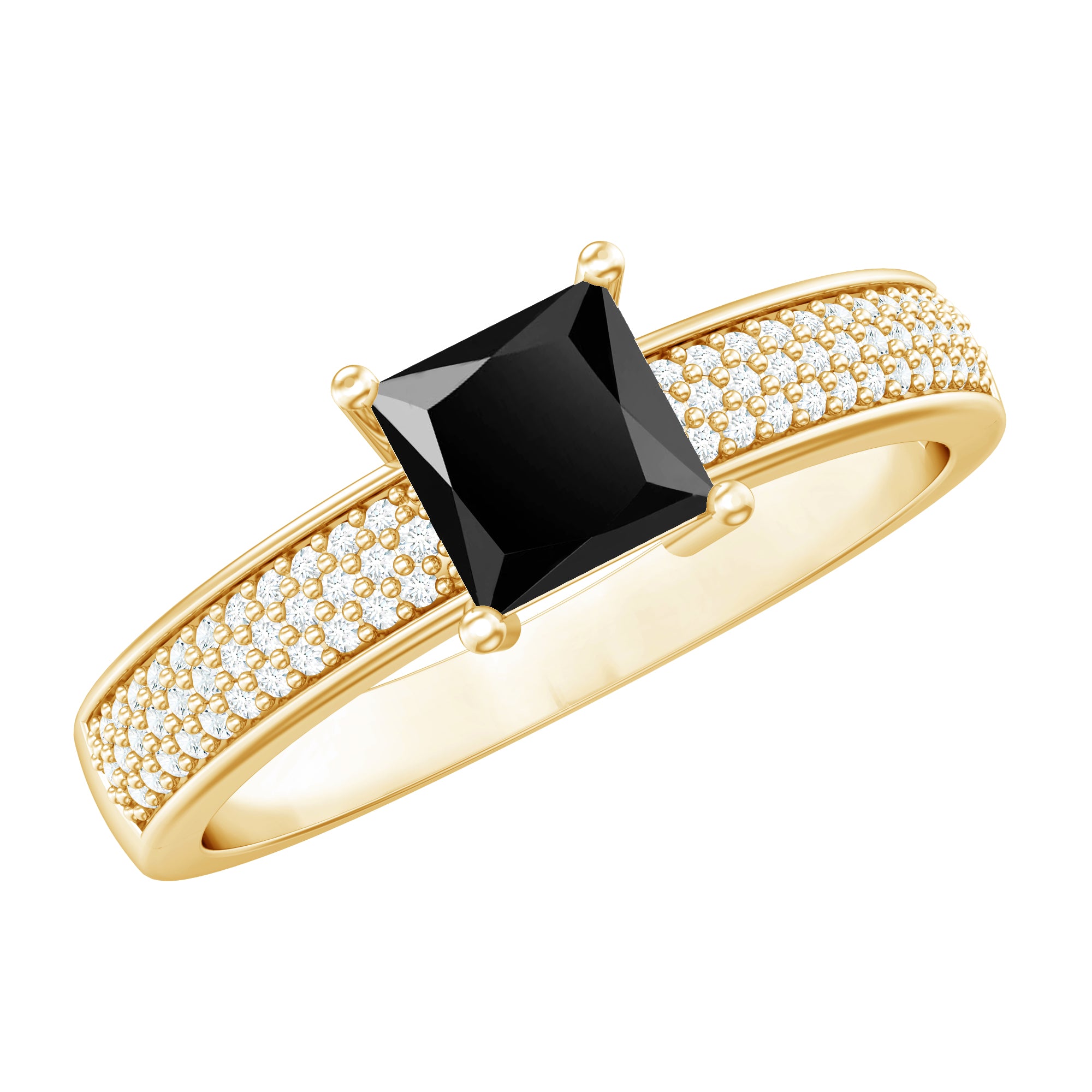 Princess Cut Black Spinel Engagement Ring with Diamond Side Stones AAA - Rosec Jewels