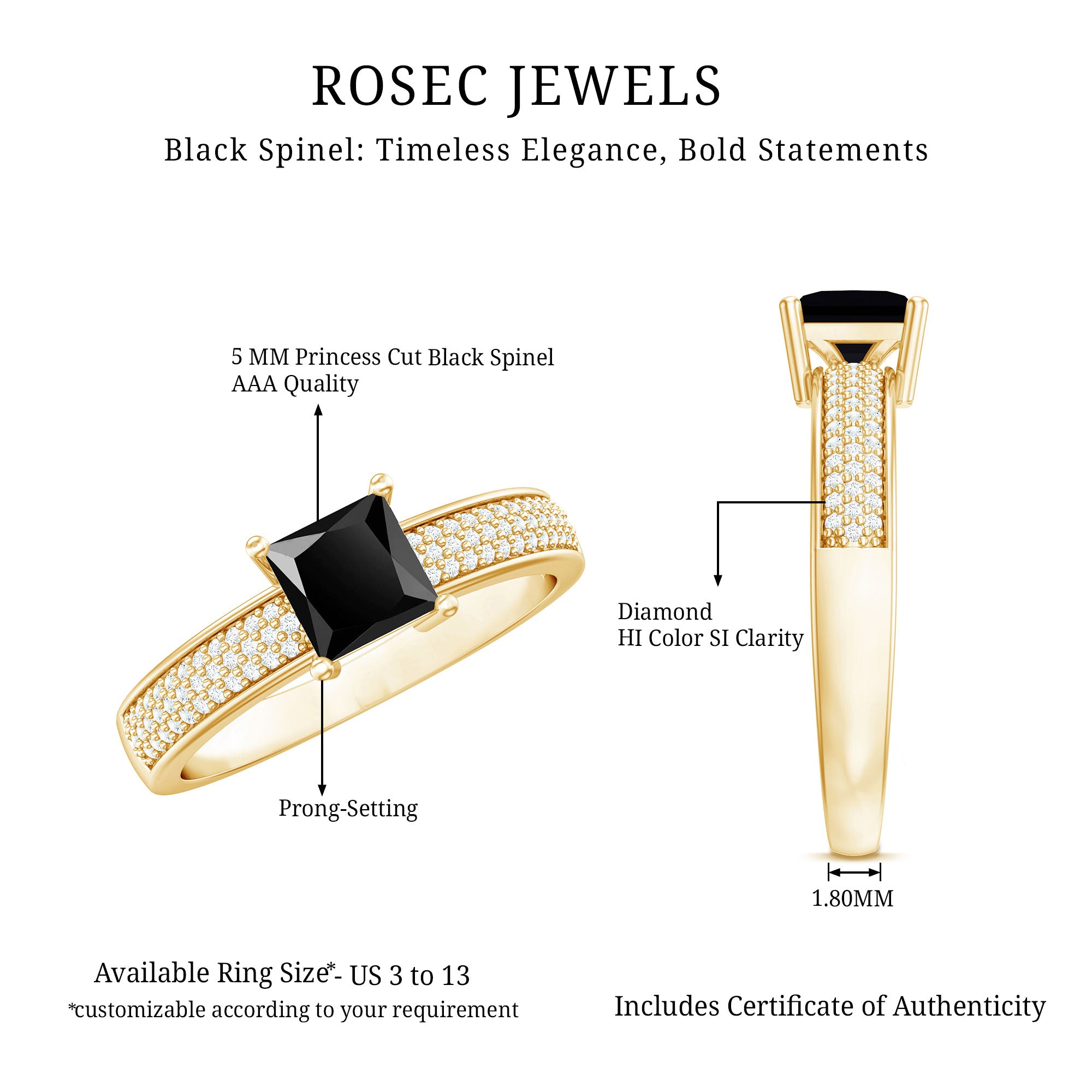 Princess Cut Black Spinel Engagement Ring with Diamond Side Stones AAA - Rosec Jewels