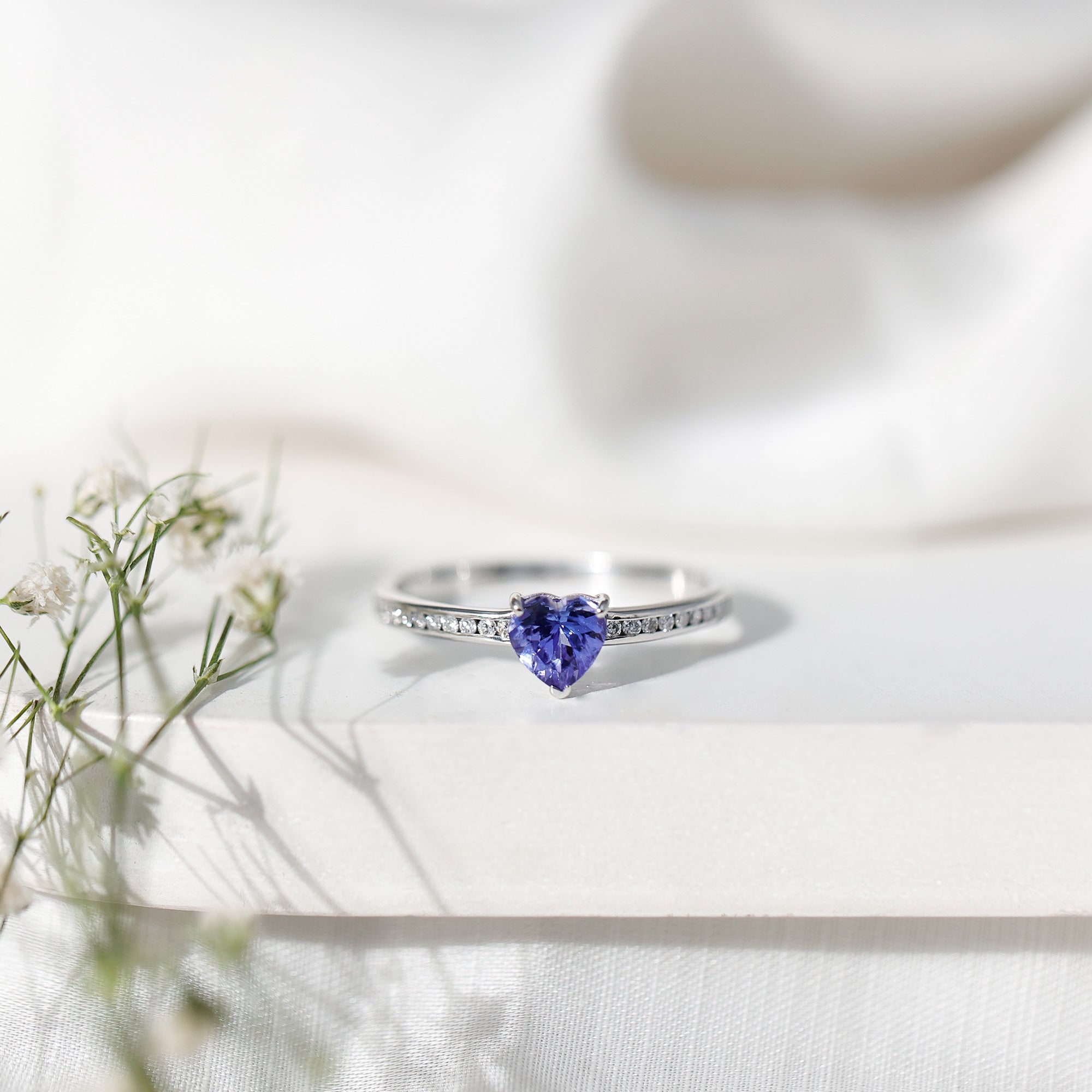 Natural Tanzanite Heart Promise Ring with Diamond AAA - Rosec Jewels