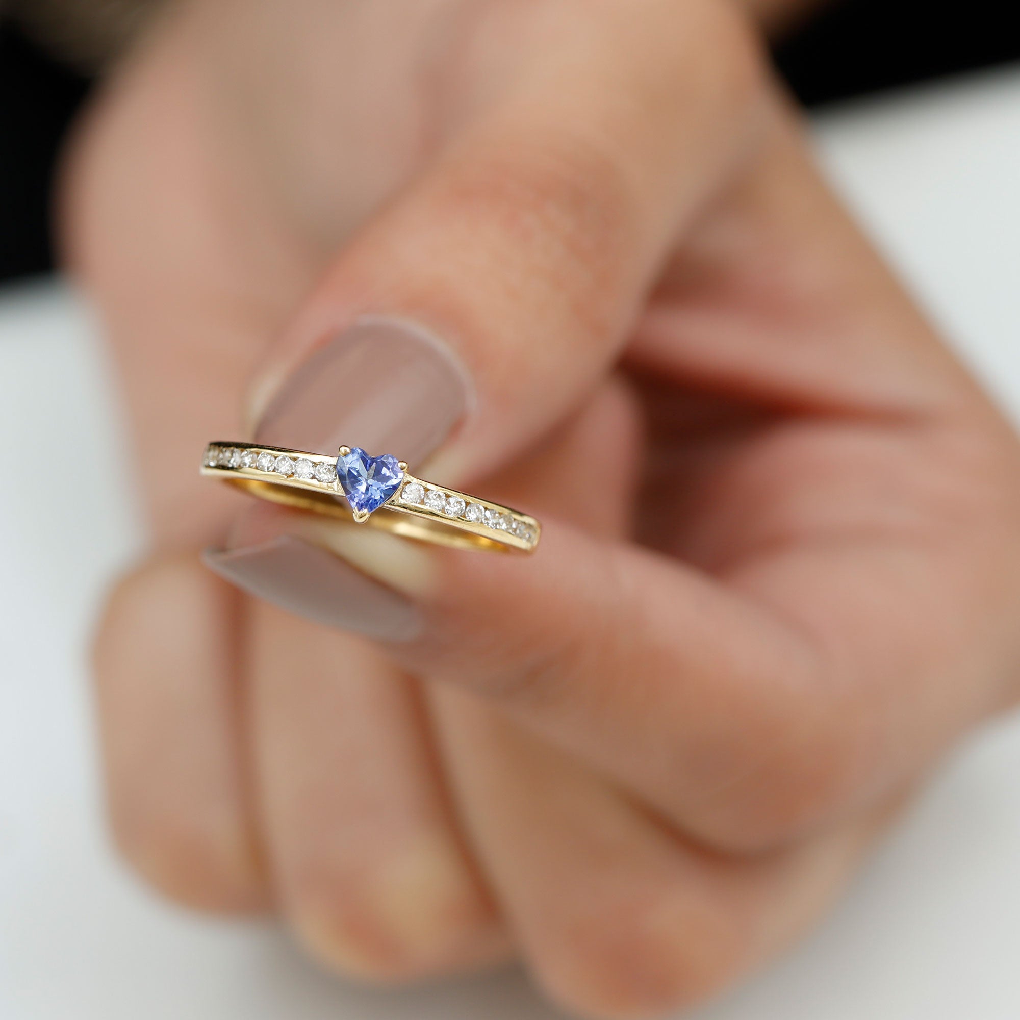 Natural Tanzanite Heart Promise Ring with Diamond AAA - Rosec Jewels