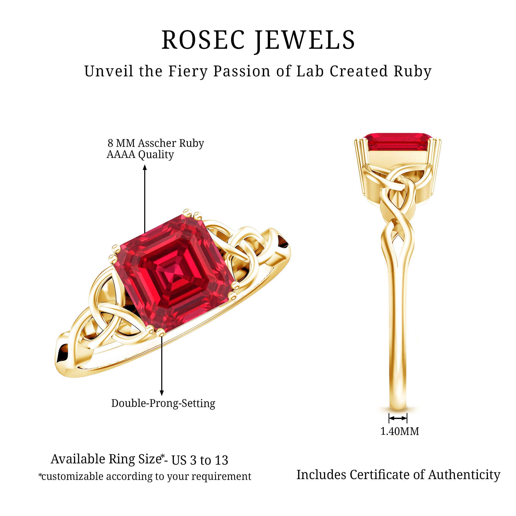 Certified 4.8 Carat Lab Grown Ruby Asscher Cut Engagement Ring with Celtic Knot AAAA - Rosec Jewels