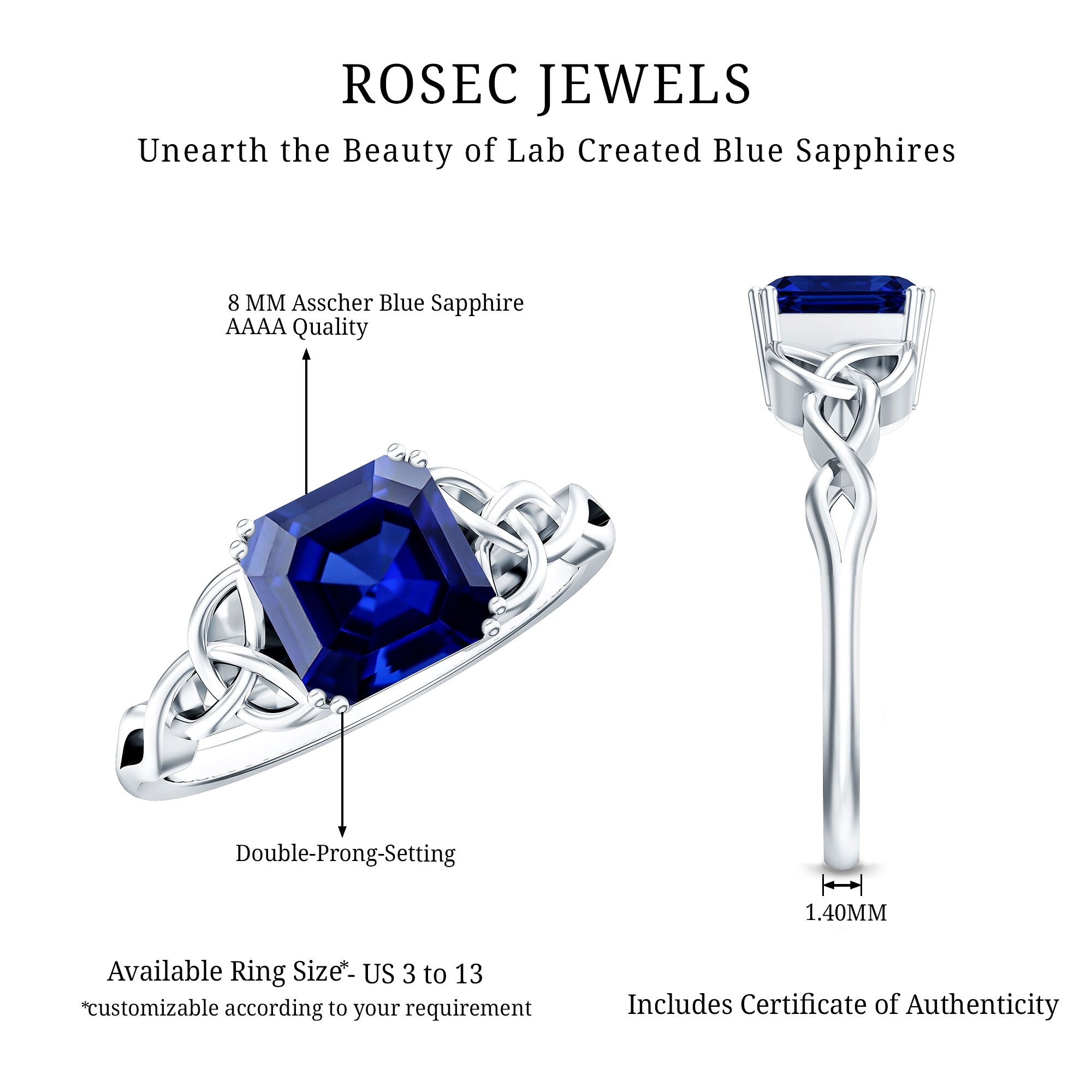 Certified 4.8 Carat Asscher Cut Lab Created Blue Sapphire Celtic Knot Engagement Ring AAAA - Rosec Jewels