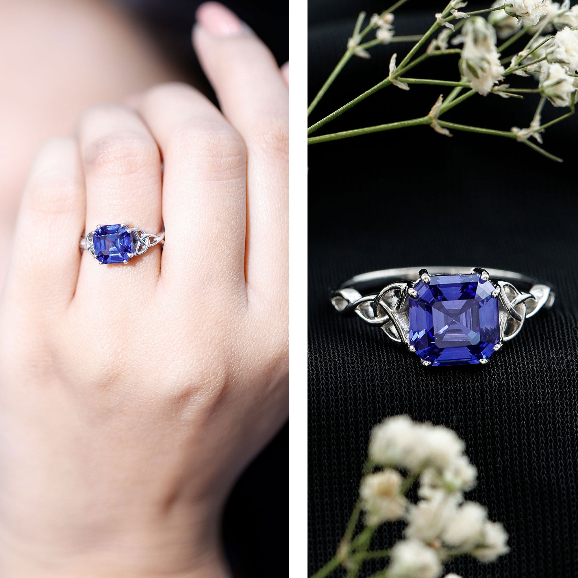 Certified 4 Carat Asscher Cut Lab Created Blue Sapphire Celtic Knot Engagement Ring AAAA - Rosec Jewels
