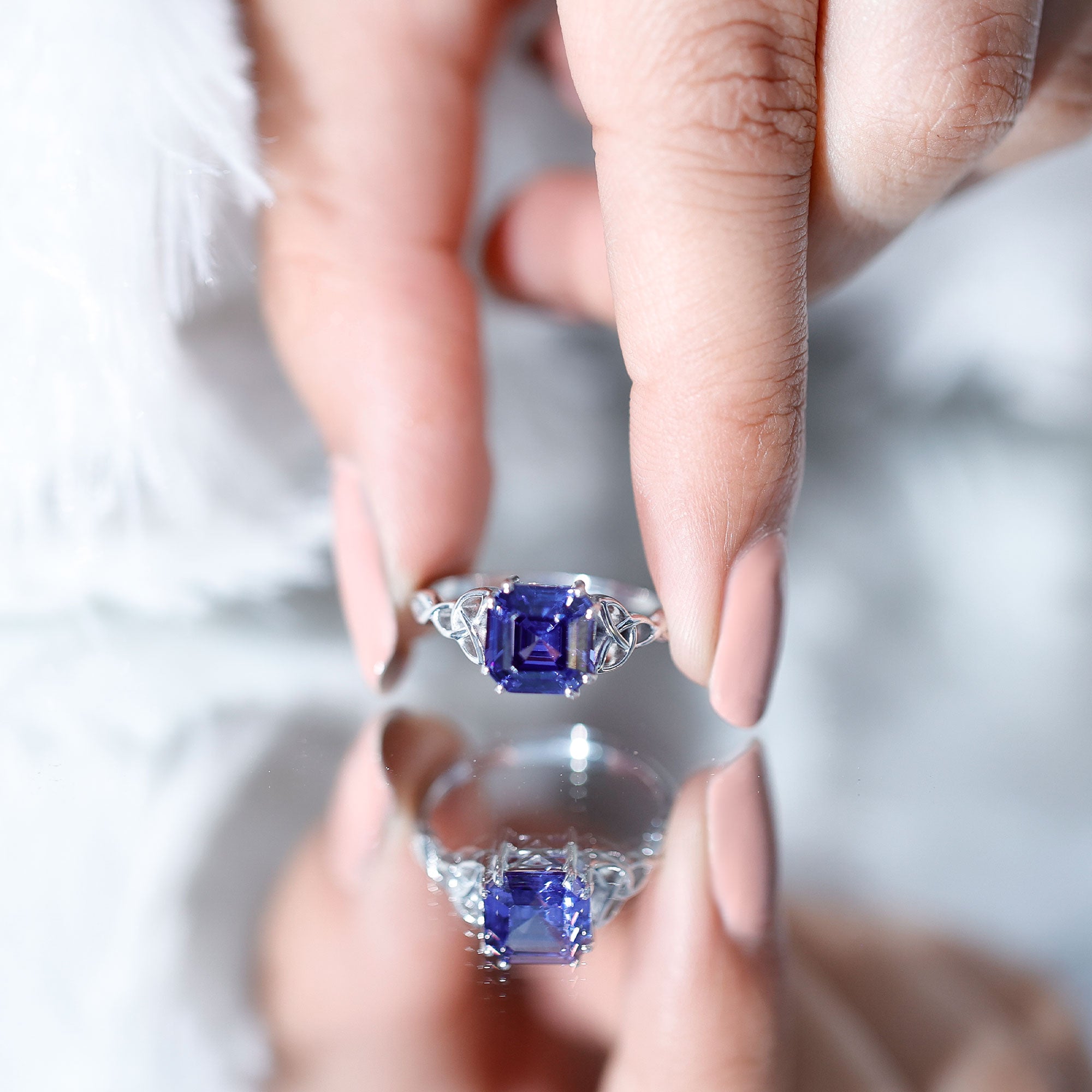 Certified 4.8 Carat Asscher Cut Lab Created Blue Sapphire Celtic Knot Engagement Ring AAAA - Rosec Jewels