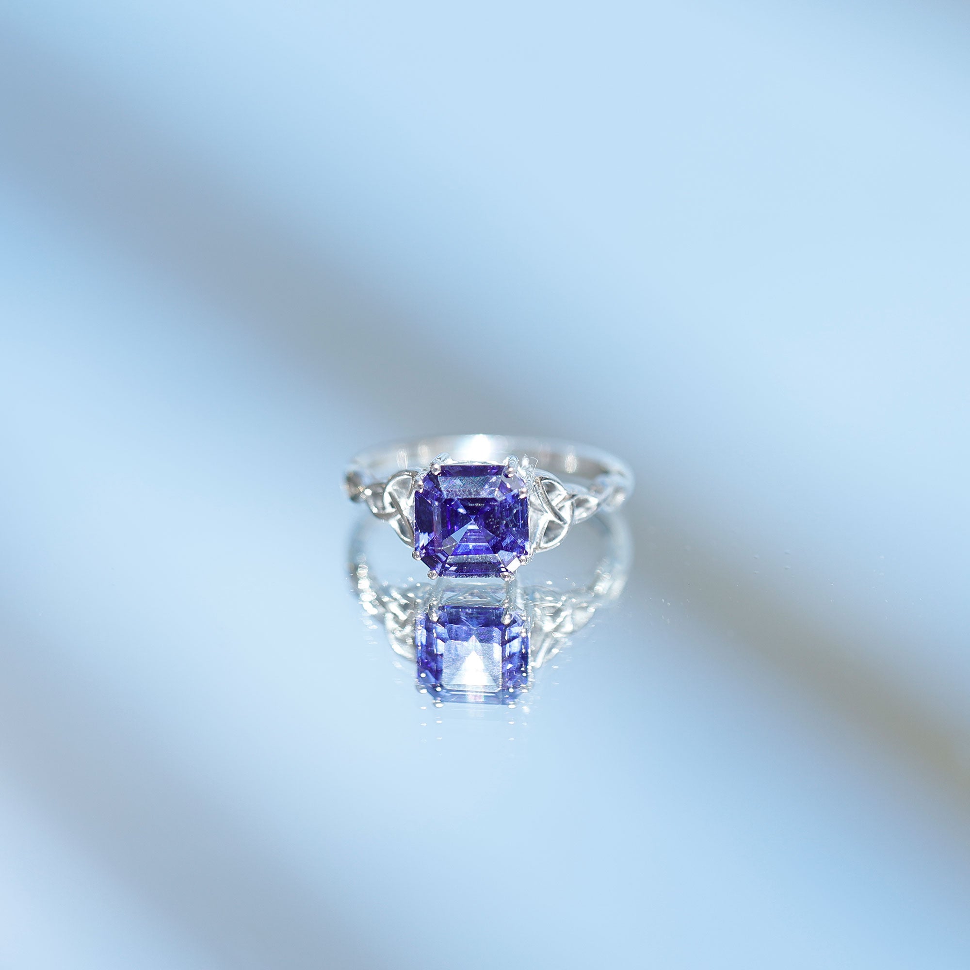 Certified 4 Carat Asscher Cut Lab Created Blue Sapphire Celtic Knot Engagement Ring AAAA - Rosec Jewels