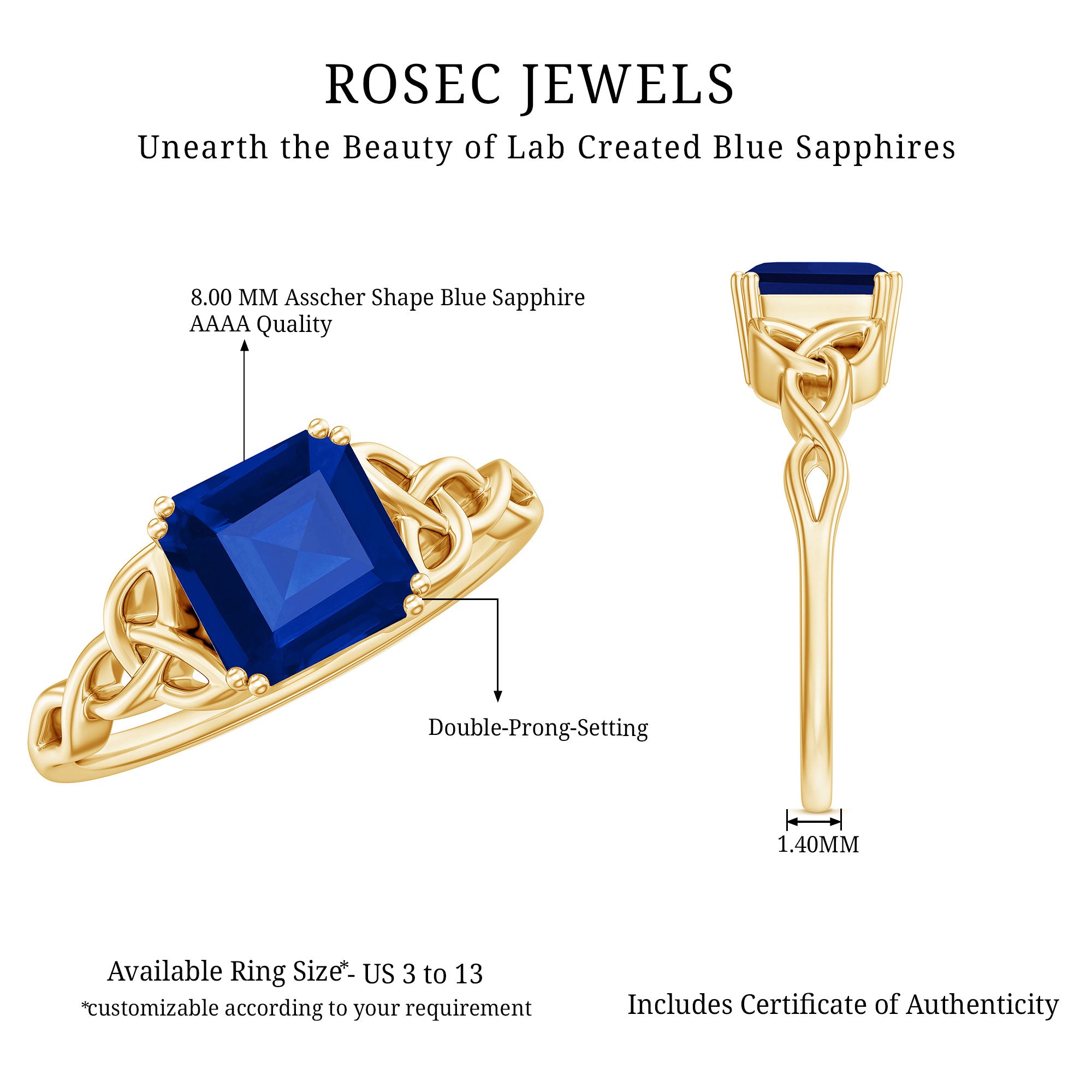 Certified 4 Carat Asscher Cut Lab Created Blue Sapphire Celtic Knot Engagement Ring AAAA - Rosec Jewels