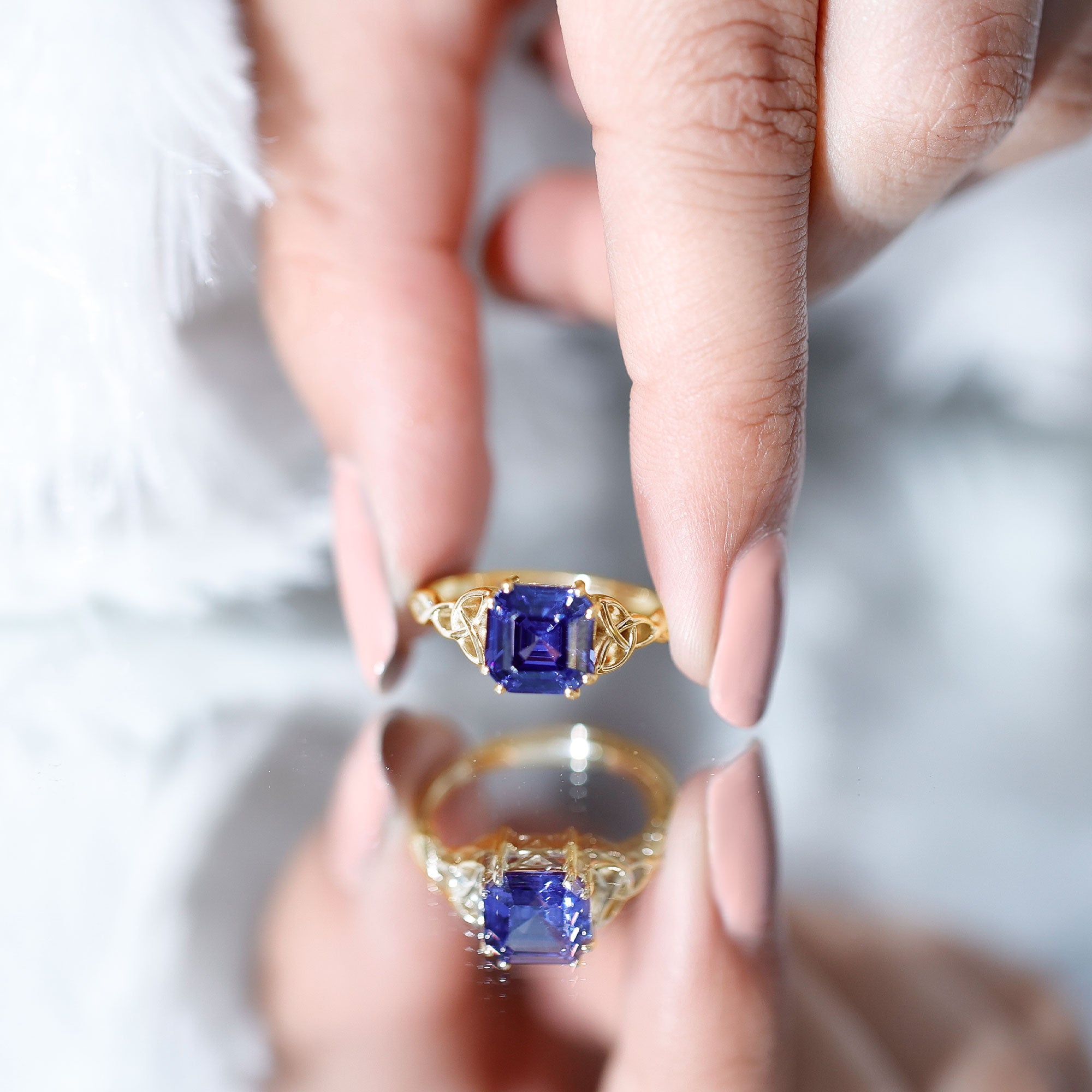 Certified 4.8 Carat Asscher Cut Lab Created Blue Sapphire Celtic Knot Engagement Ring AAAA - Rosec Jewels